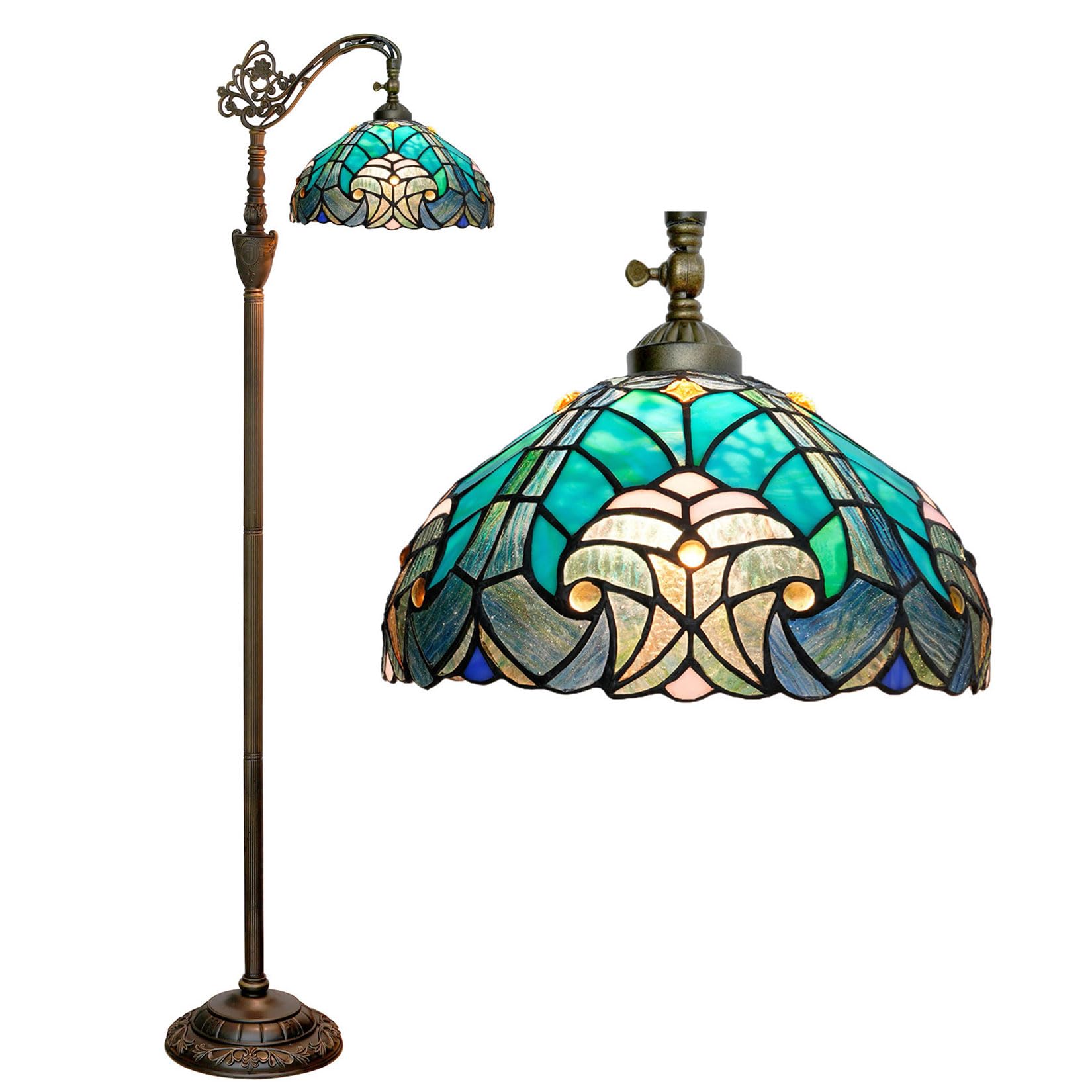BOTOWI Tiffany Style Floor Lamp Stained Glass Baroque Arched Lamp 12X18X63 Inches Gooseneck Adjustable Corner Standing Reading Light Decor Bedroom Living Room,Green