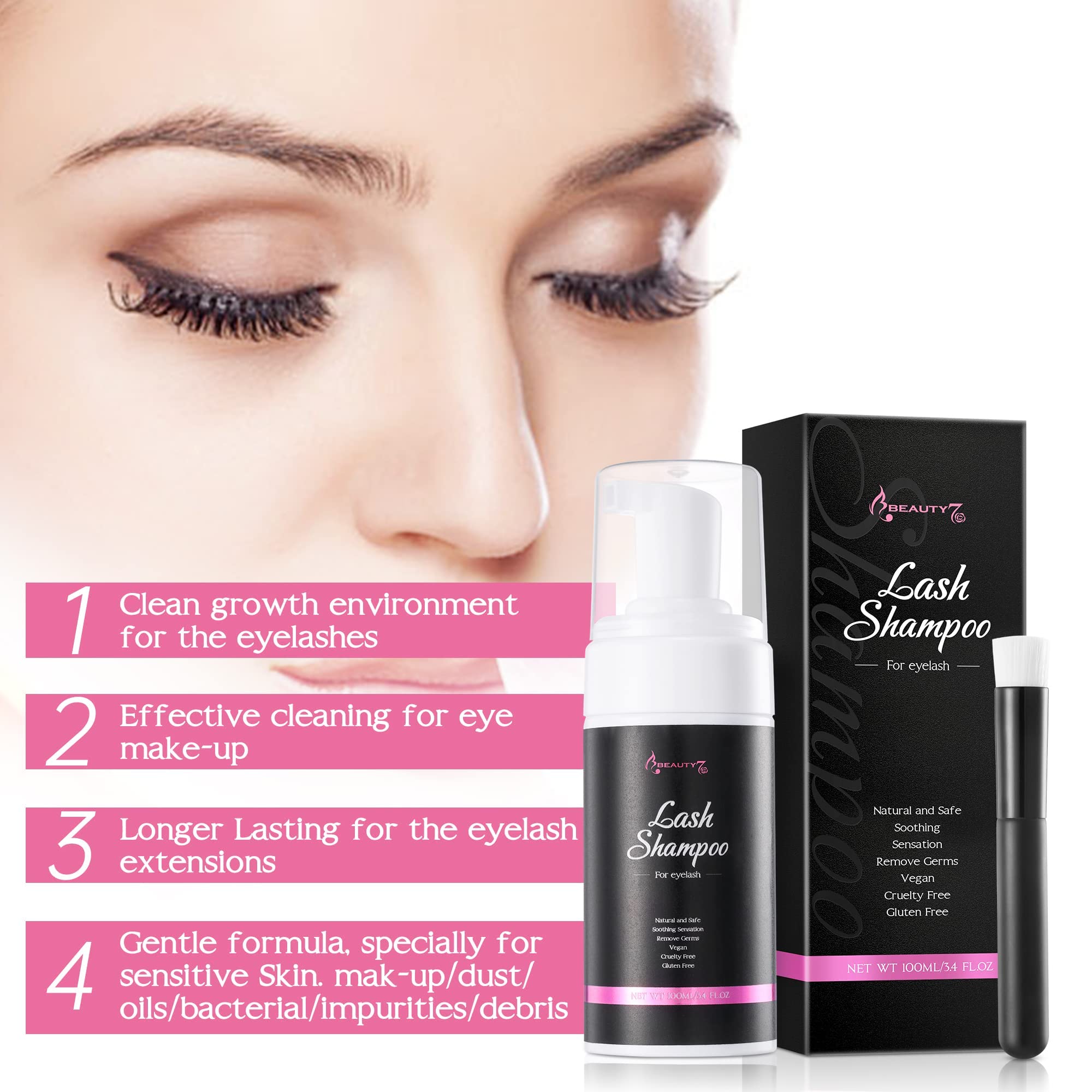 100ml Shampoo per Ciglia Extension Detergente in Schiuma per Ciglia con Spazzola Beauty7