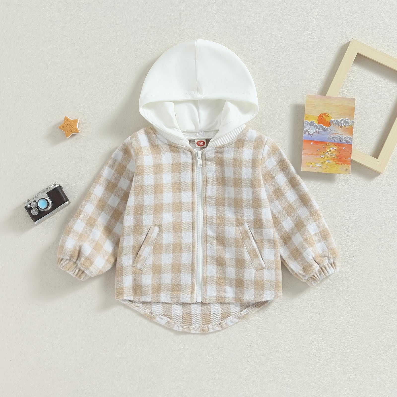 Douhoow Toddler Baby Plaid Jacket Baby Boy GIrl Flannel Hoodies Zip Up Hooded Fall Winter Outerwear Coat (Khaki, 12-18 Months)