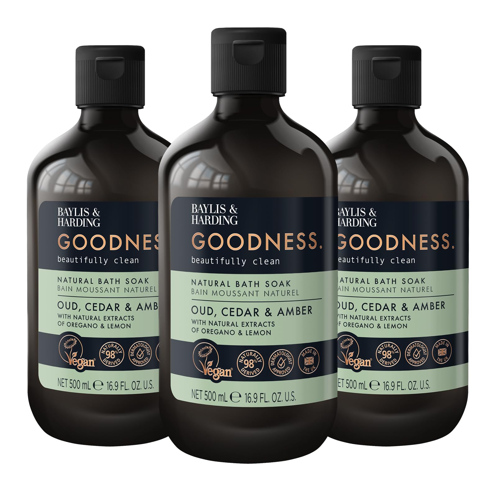 Baylis & Harding Goodness 500 ml (Pack of 3), Oud, Cedar & Amber Bath Soak