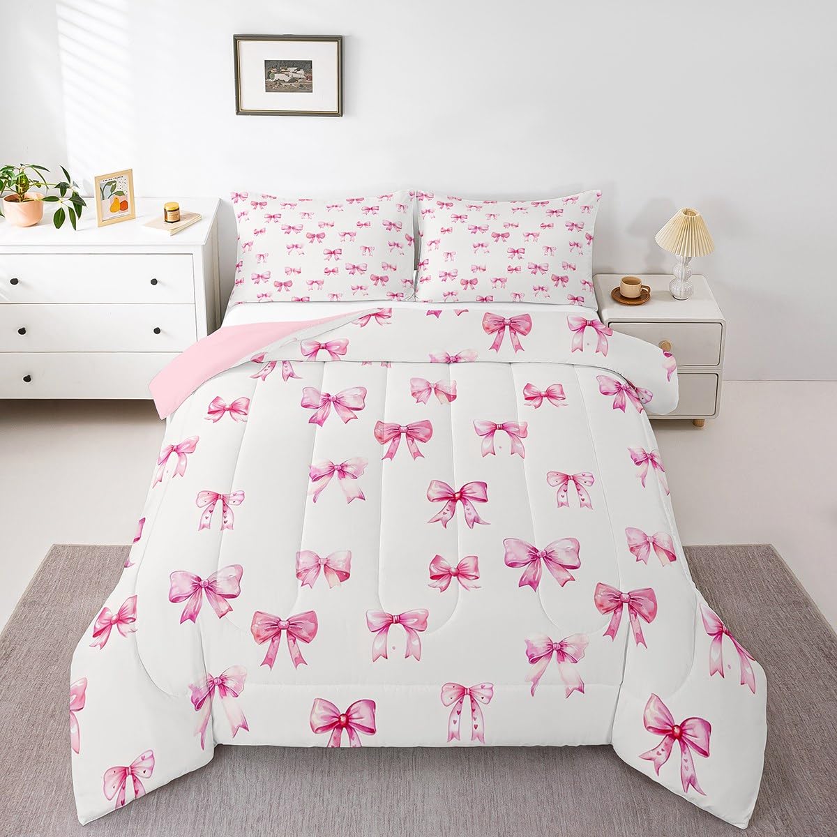 Feelyou Pink Girls Bow Bedding Set Boys Girls Full Size Bow Comforter Set for Kids Women Men Ultra Soft Cute Bowknot Comforter Kawaii Duvet Set Room Decor Lovely Quilt Set