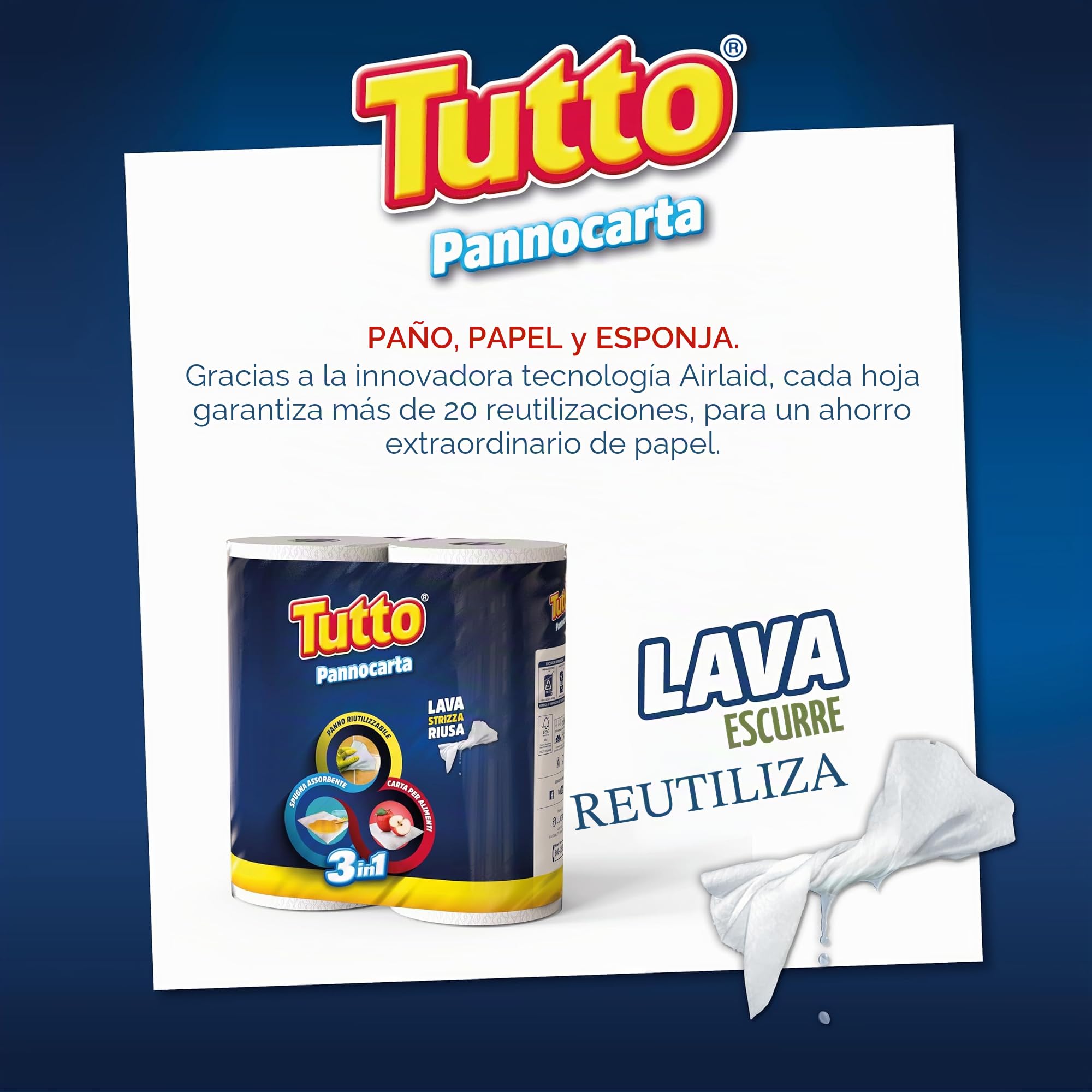 Tutto Pannocarta 3 en 1, 20 rollos de papel multiusos, 1 capa, 48 hojas desprendibles, extra absorbente, lavable y reutilizable más de 20 veces