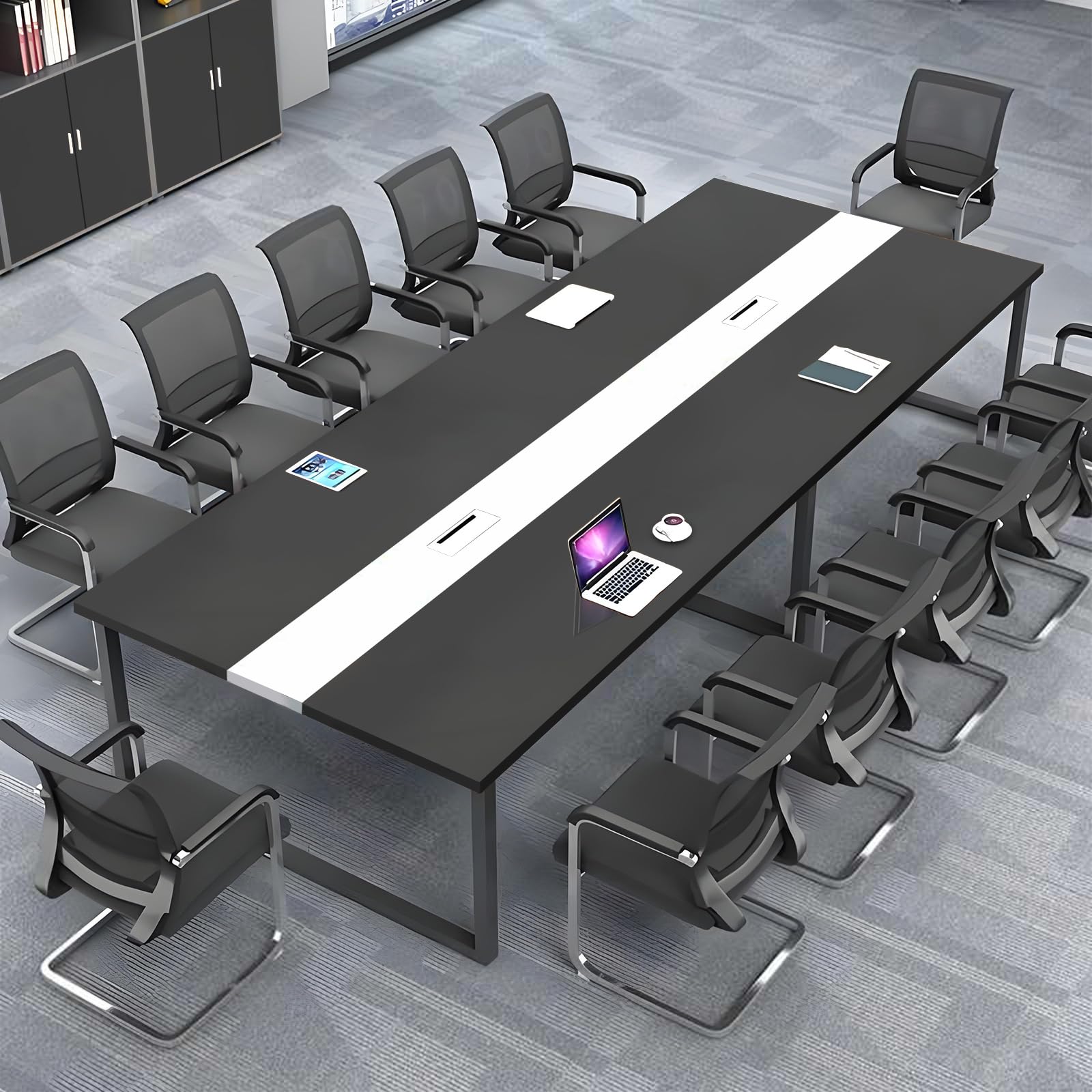 Großer Konferenztisch Büro – Moderner Besprechungstisch mit Kabelmanagement, Rechteckiger Meetingtisch für 8–12 Personen, Stabiler Metallrahmen (ohne Stühle)