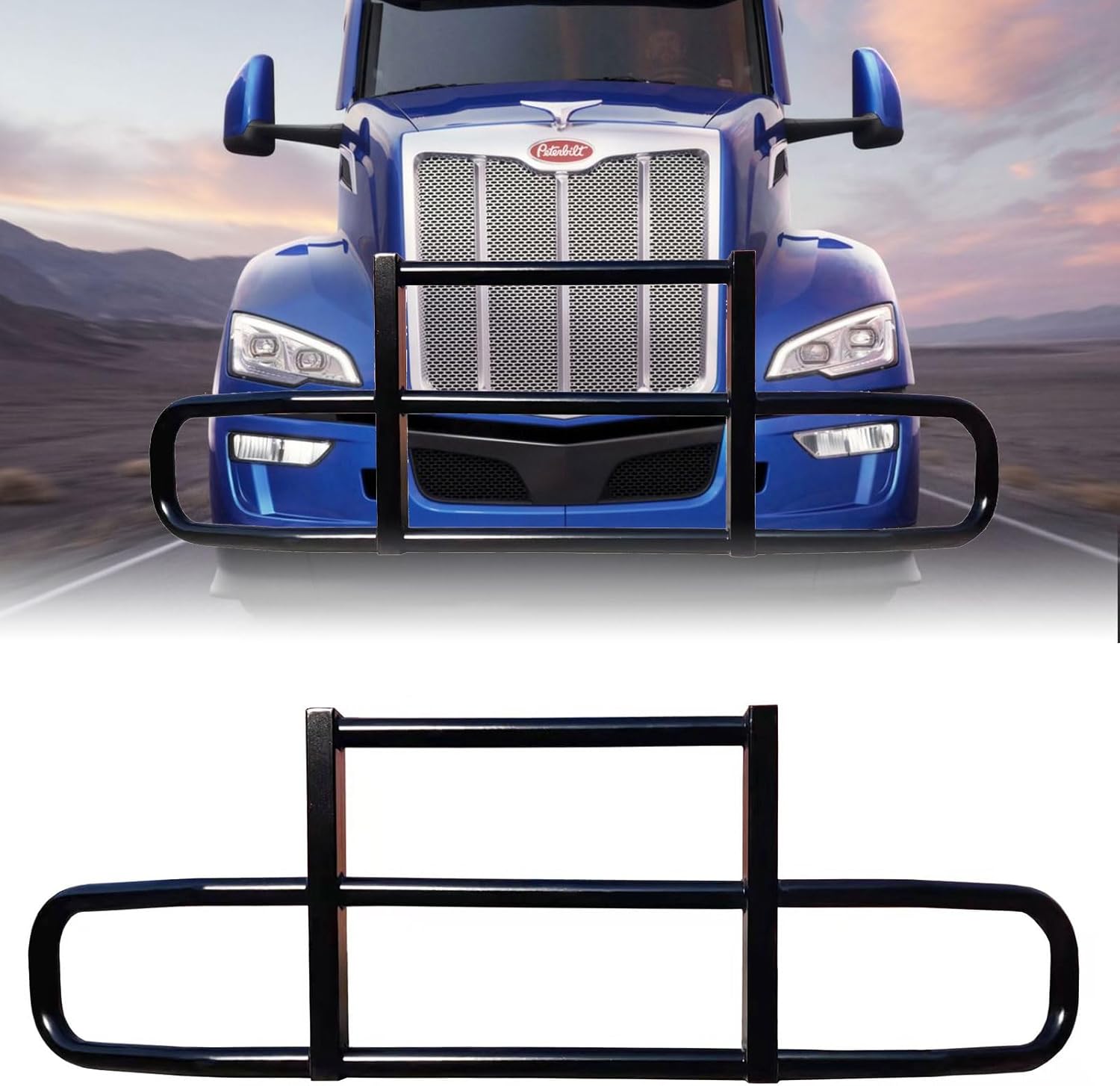 Deer Guard Compatible with 2013-2021 Peterbilt 579 587(Not for Sensor Installed on the Side of Truck), Deer Guard Bumper Polished Stainless Steel Deer Moose Guard with Brackets Hardware, Style C