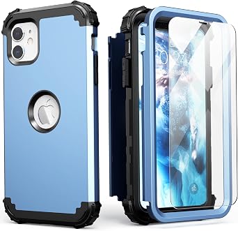 IDweel for iPhone 11 Case with Screen ProtectorTempered Glass, Hybrid 3 in 1 Shockproof Slim Fit Heavy Duty Protection Hard PC Cover Soft Silicone Bumper Full Body Case,Peace Blue/Black