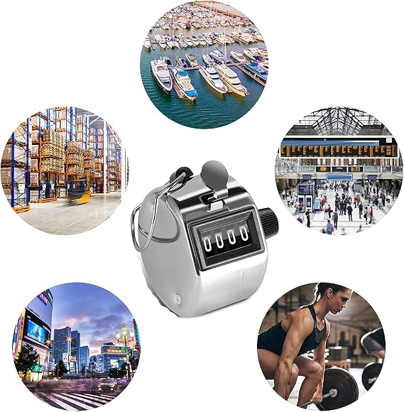 YANGWEN 4 Hand Tally Counters, 4 Digit Mechanical Palm Clicker Counter Stainless Steel Hand Held Mechanical Clicker with Finger Ring Sliver