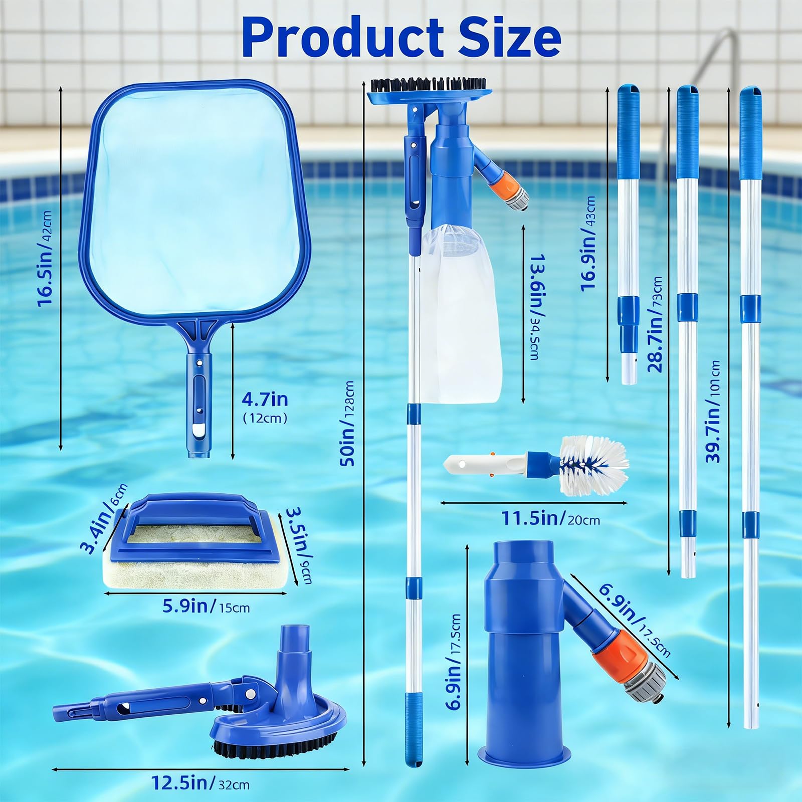 Kit de nettoyage de piscine - Aspirateur portable à jet - Kit d'entretien de piscine avec tige télescopique réglable - Brosse à récurer et filet de skimmer - Pour le nettoyage des feuilles, de la