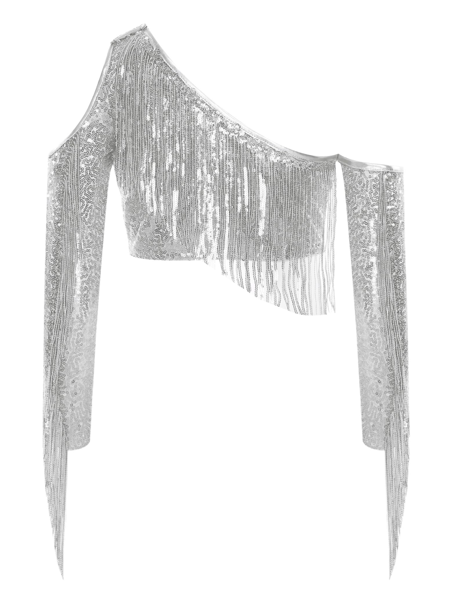 Jugaoge Mädchen Glanz T-Shirt Aushoel Langarmshirts mit Pailletten Crop Top Kurz Bauchfrei Oberteil mit Handschuhe zum Tanz Modern Jazz Outfits