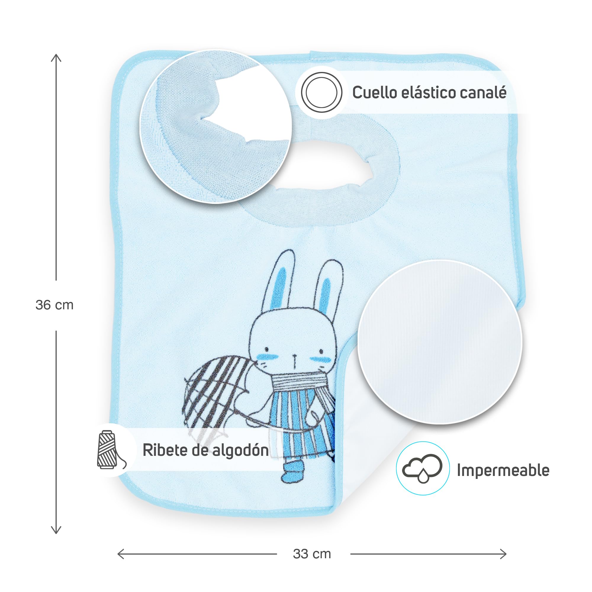 Ti TIN Pack de 4 Baberos Impermeables con Cuello Elástico - Extra Suaves y Absorbentes - Baberos con Forro Impermeable - Fácil de Lavar y Apto para Secadora - Para Bebés +12 Meses y Guardería