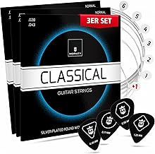 MORIATY® Gitarrensaiten Konzertgitarre, Saiten für klassische Gitarre aus Nylon und Silber, Akustikgitarre (7 Saiten-Set) | INKLUSIVE: 12 Plektren + Extra hohe E-Saite (3er Set)