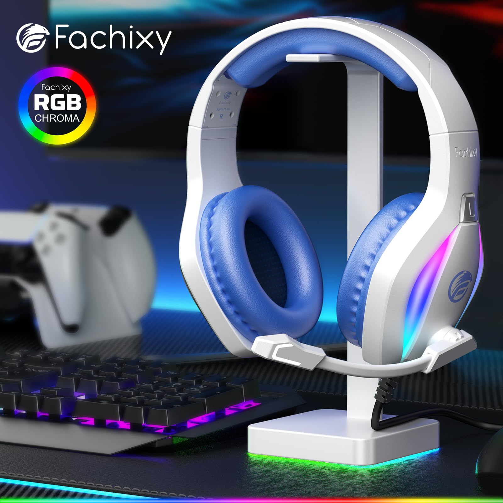Fachixy 2024 Casque de jeu FC100 pour PS4/PS5/PC/Xbox/Nintendo Switch, casque PS4 avec câble et lumière RVB, casque surround stéréo avec microphone, casque antibruit – Blanc/bleu