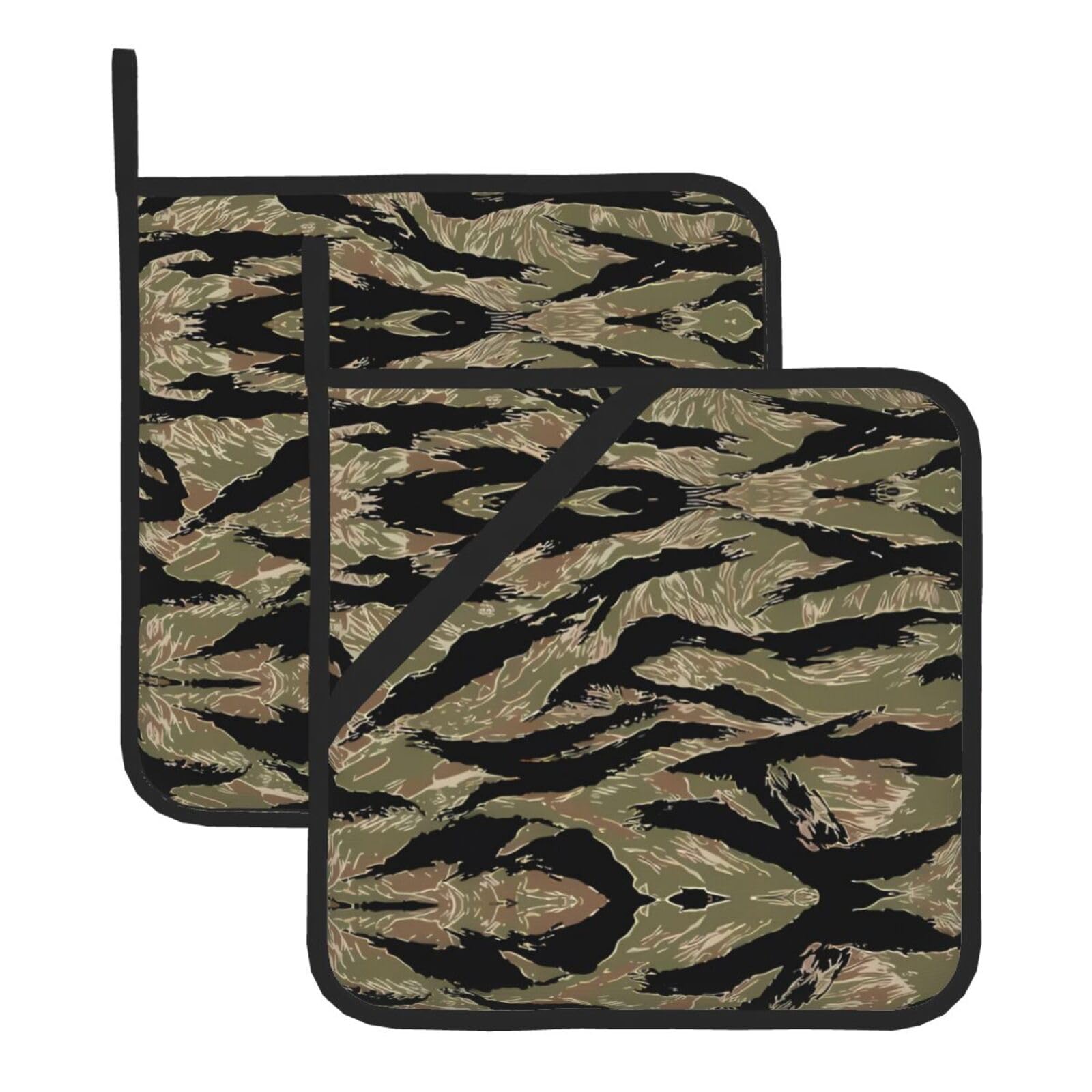 YYHWHJDE Tiger Stripe Camo Prints Square Hot Pads for Kitchen Counter - Waterproof Pot Holders with Hanging Loop, Durable Trivets for Microwave Oven - 2 Pack