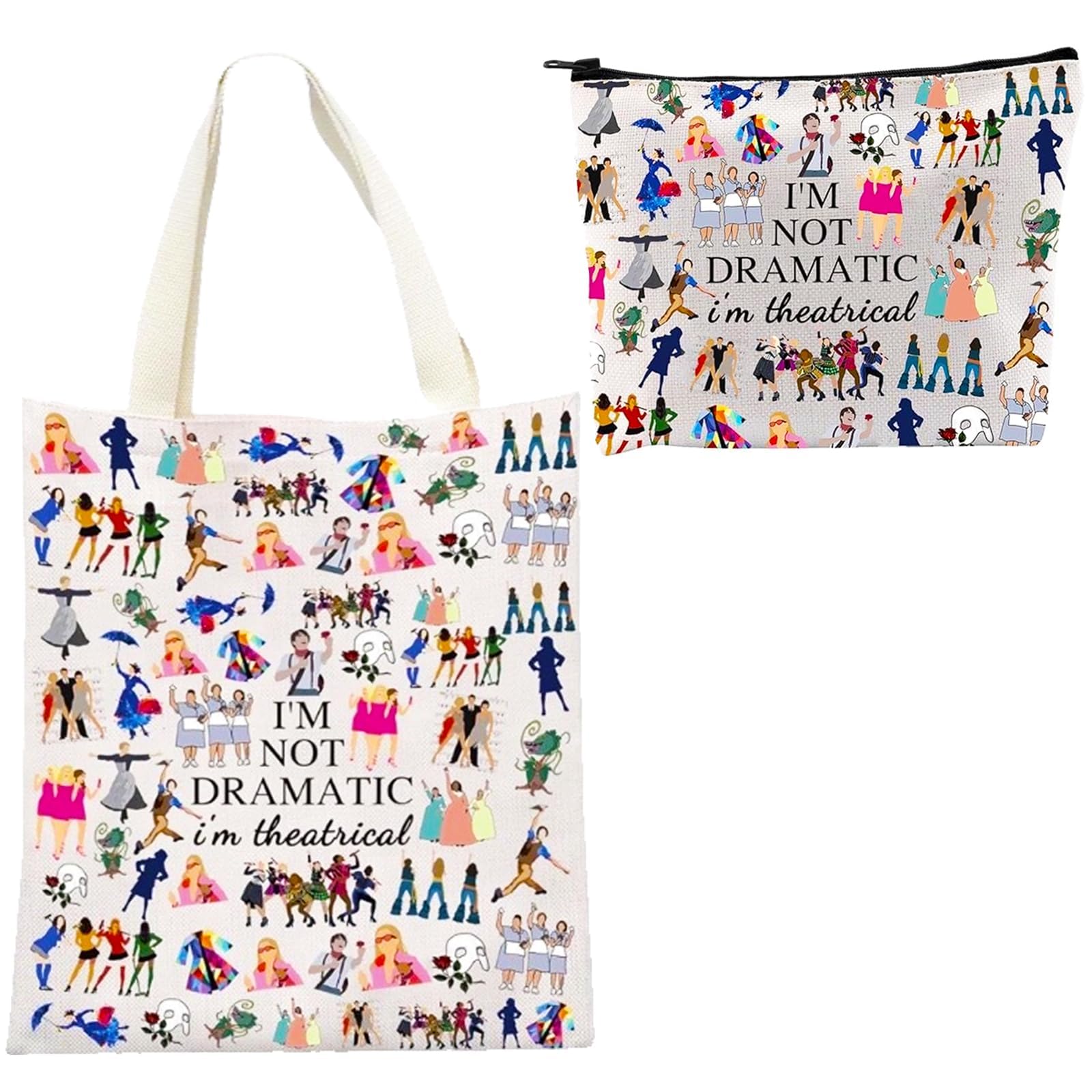 2 PCS Musical Theatre Gifts, Broadway Themed Canvas Makeup Bags and Tote Bags for Women Drama Teacher Gifts