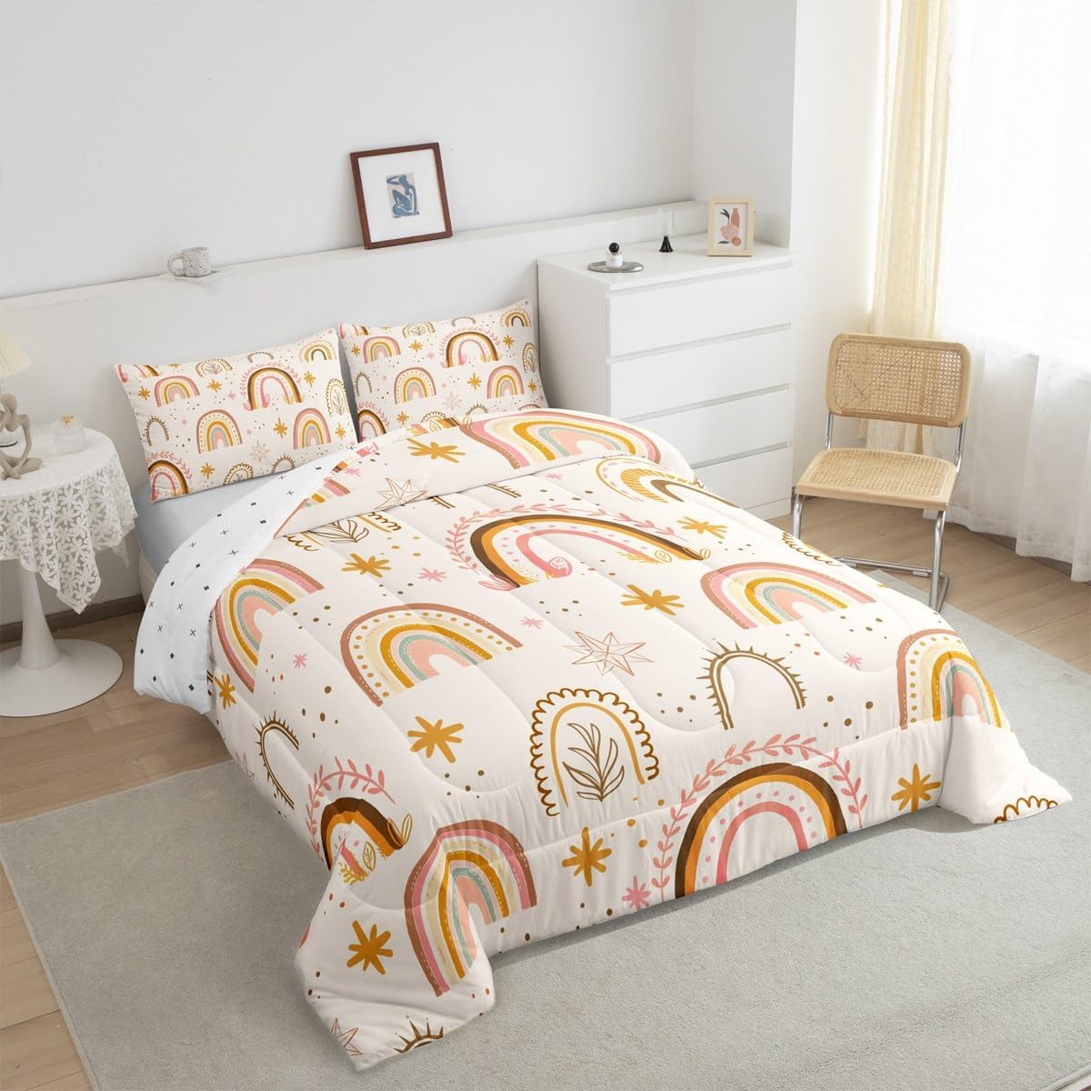 Homewish Kids Boho Rainbow Bedding Set Queen Size Cute Starry Leaves Dots Print Comforter Set 3Pcs for Child Girls Women Adult Room Decor Nature Plants Quilt Set Pink Yellow Duvet Insert,2 Pillowcase