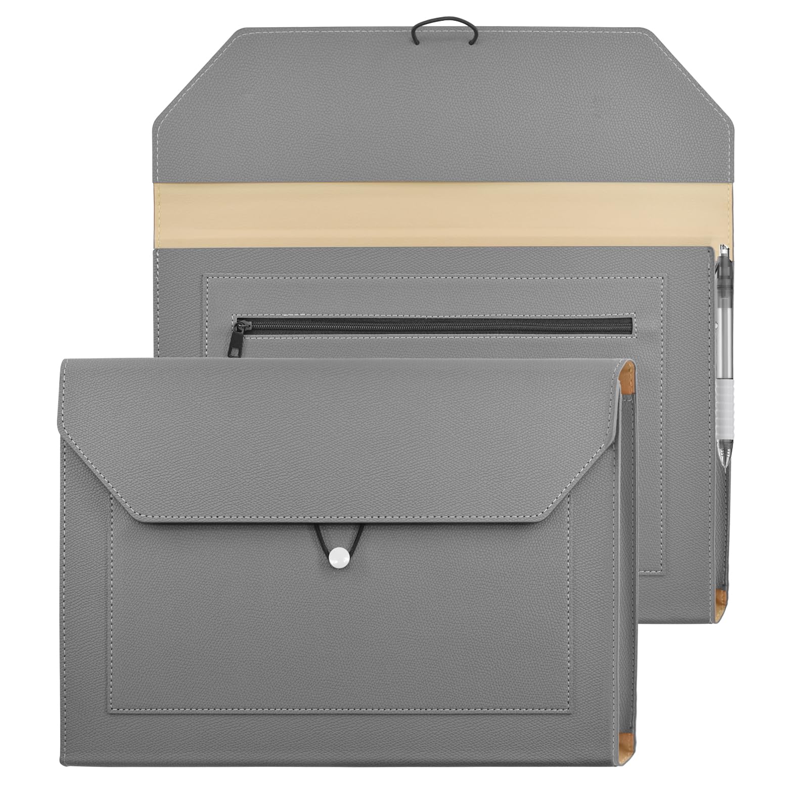 VANRA Erweiterbare Dokumentenmappen, PU-Leder, Dokumentenhalter, Portfolio, Aktenumschläge mit 2 Taschen, Dokumenten-Organizer mit elastischer Schnur für A4-Papier (Grau)