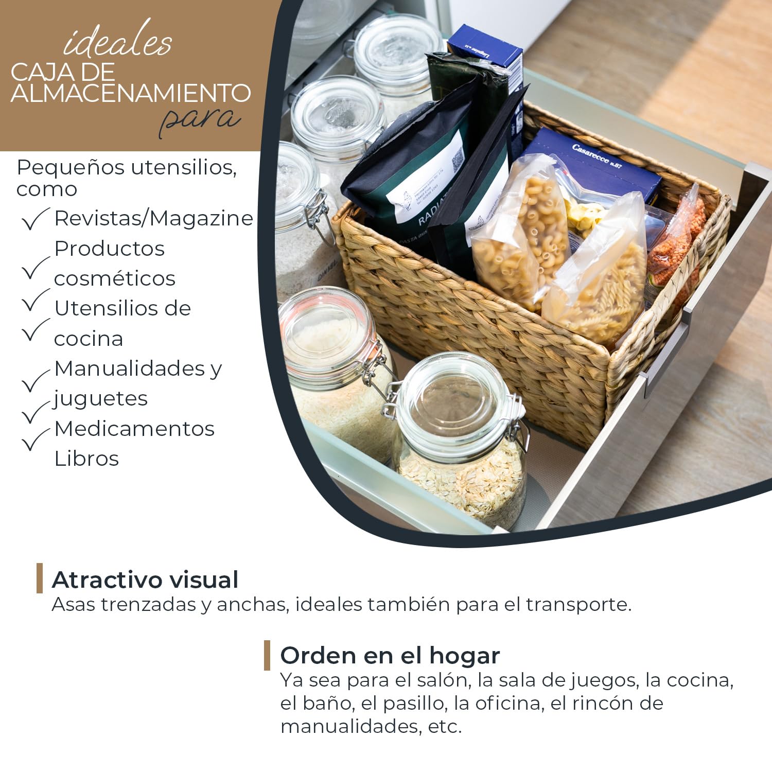 HMF Cesta de almacenaje trenzada organizadora de jacinto de agua, cesta decorativa con asas para baño, cocina, salón y estantería | Juego de 2 | Tamaño M | 32 x 23 x 20 cm | Natural