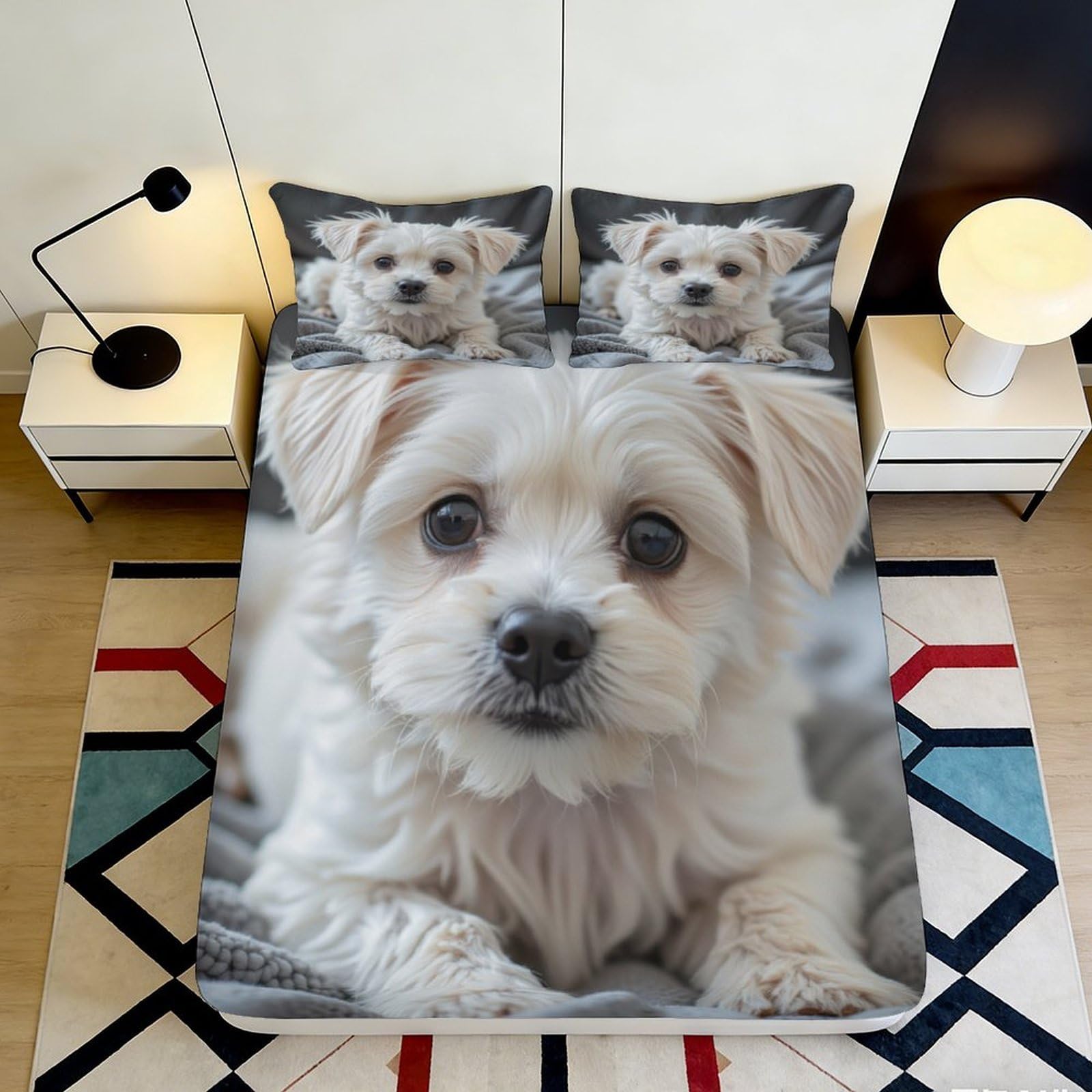 3D Printed Cute Puppy Fitted Sheet Microfiber Soft Breathable Cozy Dog Print Bed Sheet for Bedroom Dormitory Guest Room Mattress Protection Decor 120x200x25cm