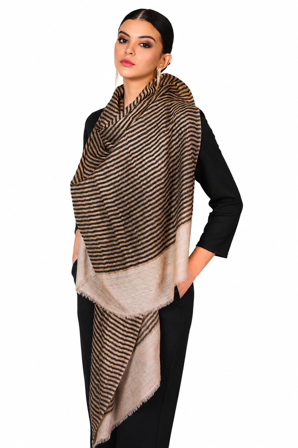 Womens, Extra Fine Wool, Twilight Striped Scarf, With Shimmery Zari Thread Weave Black-image-25