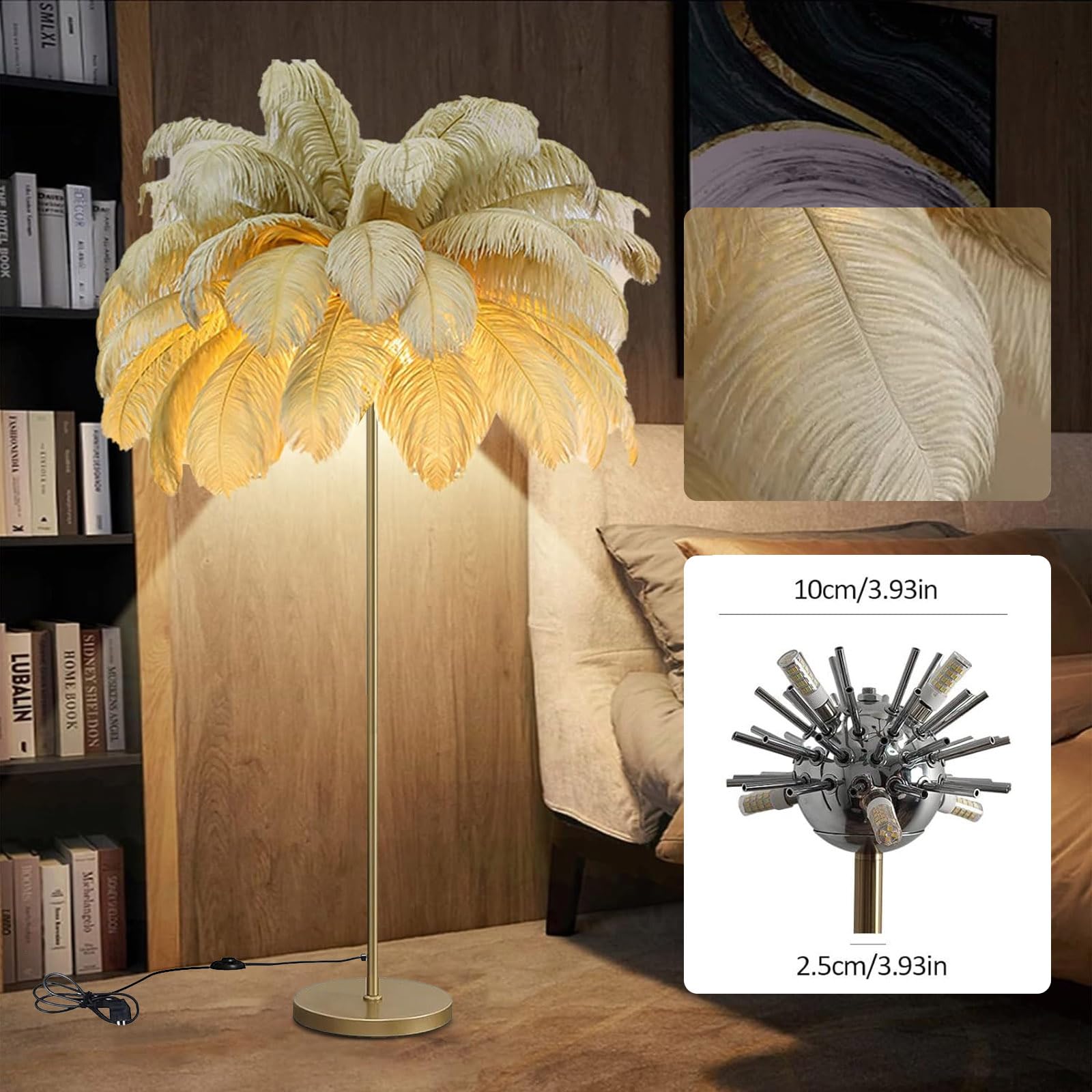 Lampadaire En Plumes D'Autruche Naturelles - Lampe Sur Pied 3 Couleurs Réglables, Corps Doré Pour Chambre Et Salon