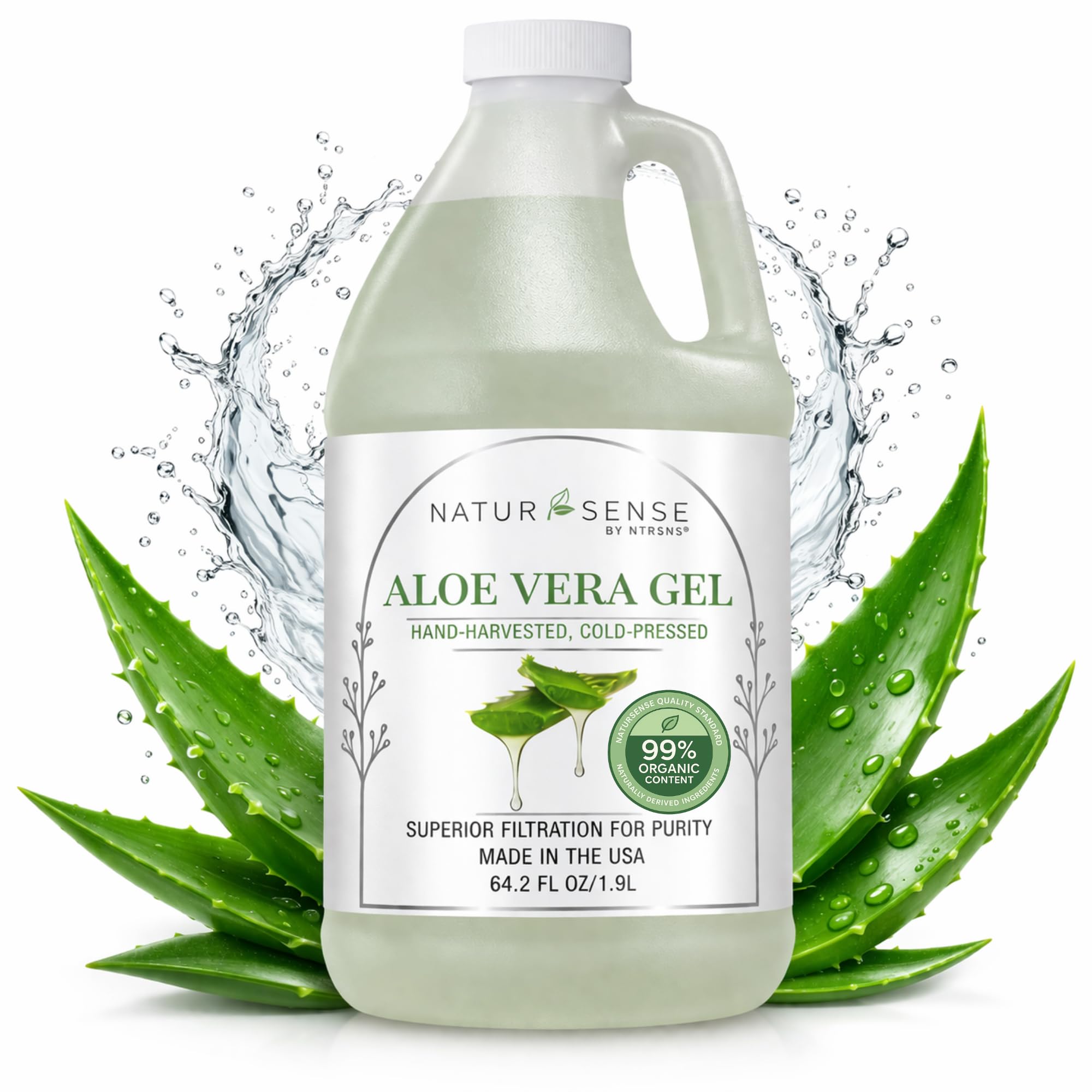 NTRSNS NaturSense 99% Organic Aloe Vera Gel 64.2 oz, Cold Pressed Pure Aloe for Face, Hair, Scalp, Sunburn, Dry Skin, Sensitive Skin, DIY Skincare,