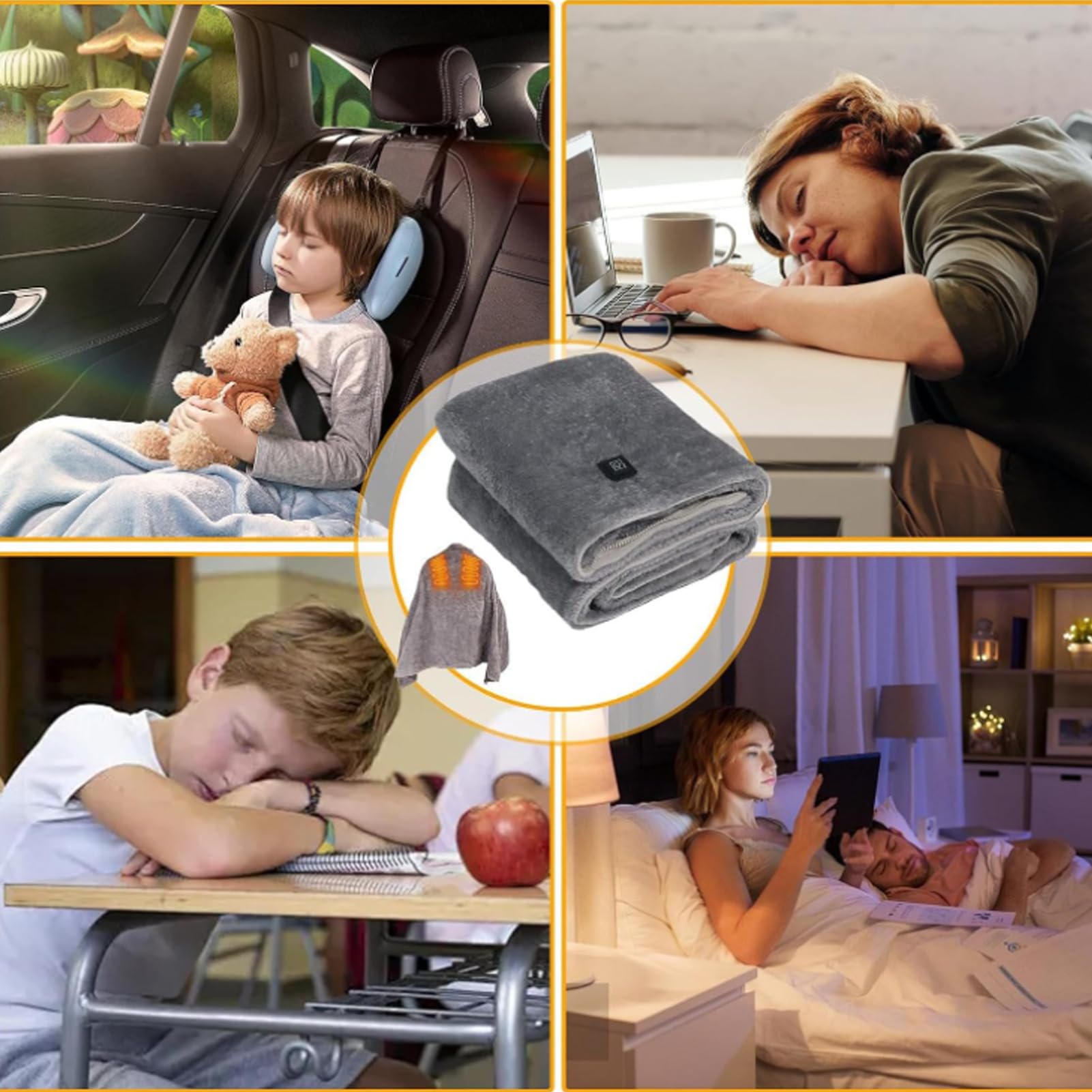Coperta Termica Ricaricabile USB, Scialle Riscaldante Elettrico in Flanella Con Cerniera Livelli Di 3 Temperatura Morbida Termocoperta Lavabile per Casa, Ufficio, Auto, Campeggio (150x85cm)