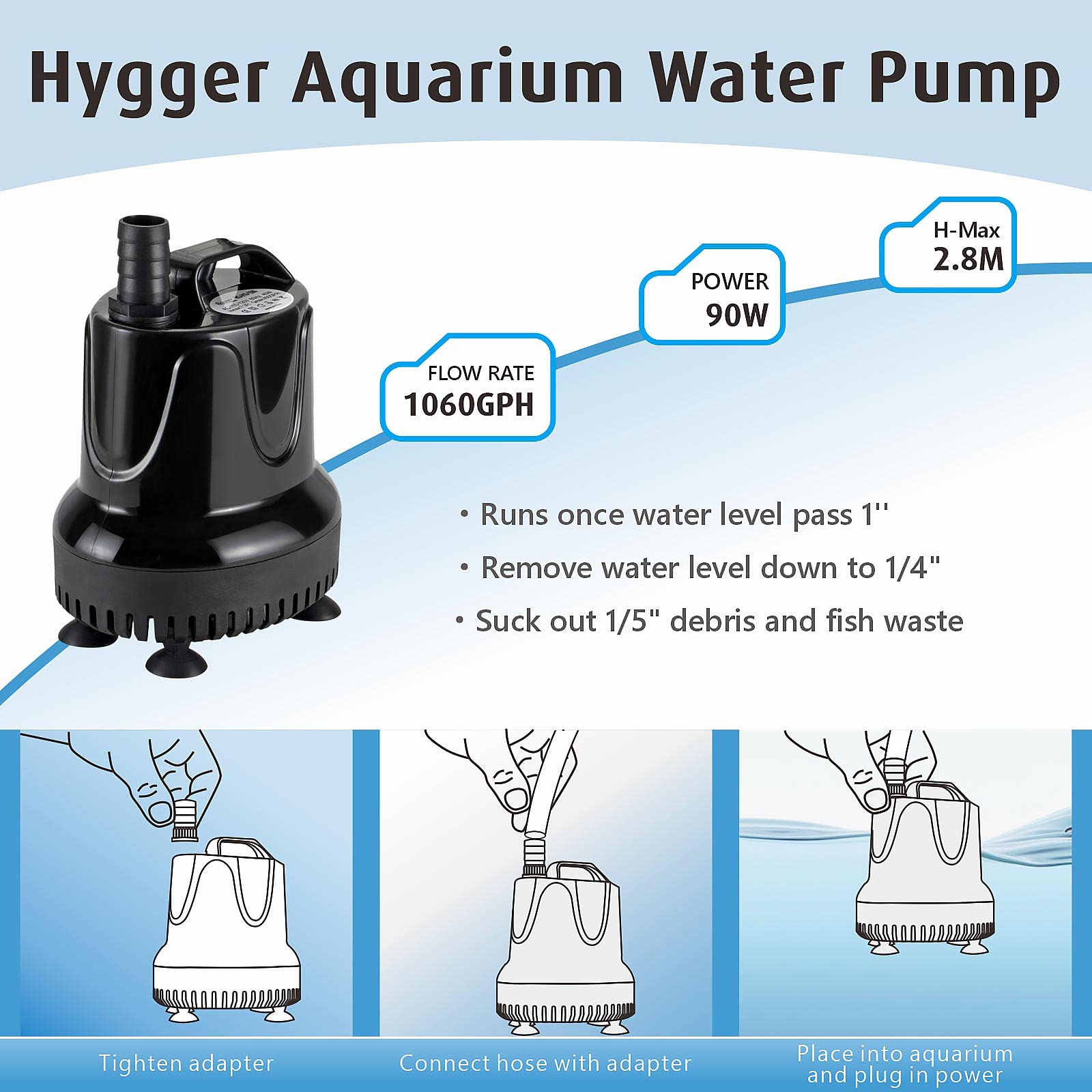hygger Pompa per Acquario, Mini Pompa Acqua, 4000 l/h 90 W Ultra Silenziosa Pompa a Immersione con 3 Ugelli per Laghetti, Fontane, Acquari, Giardino