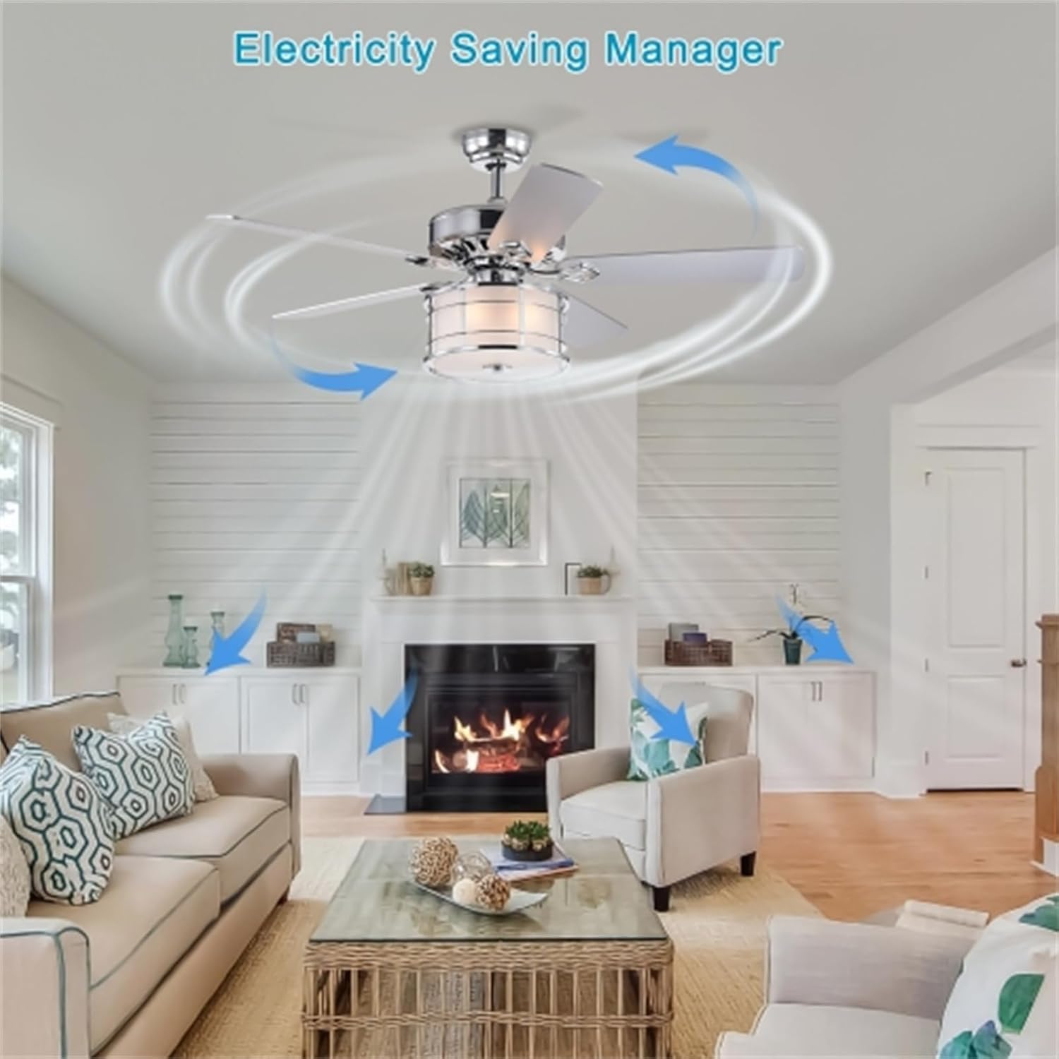 52" 3 Light Chrome Drum Shade LED Ceiling Fan + Remote Control, Lighted Ceiling Fan, Ceiling Fan Light, Traditional Farmhouse Rustic, Bohemian Transitional, for Home, Kitchen, Living Room