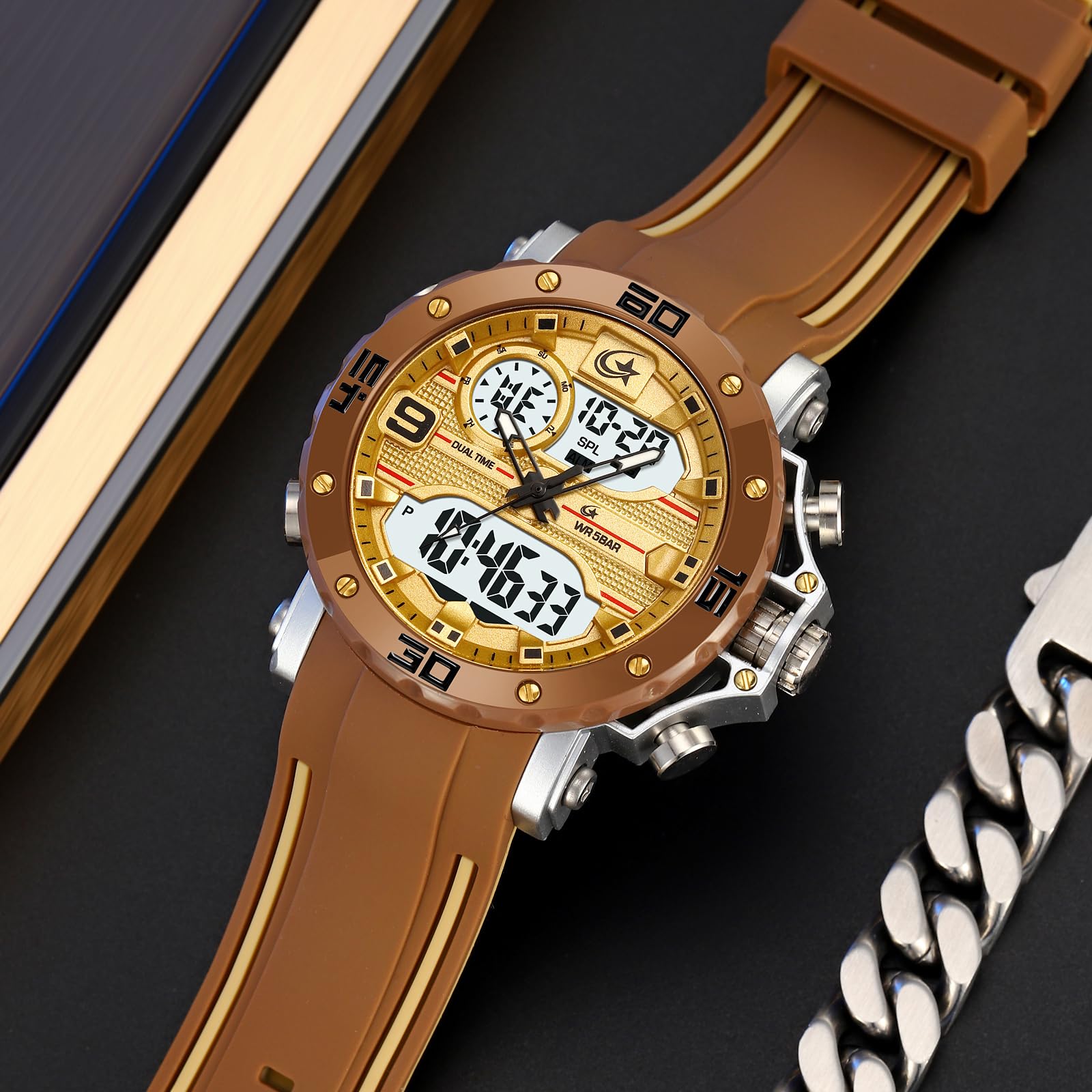 findtime Orologio sportivo da uomo, analogico, digitale, militare, tattico, impermeabile, doppio fuso orario, LED luminoso, sveglia, cronometro