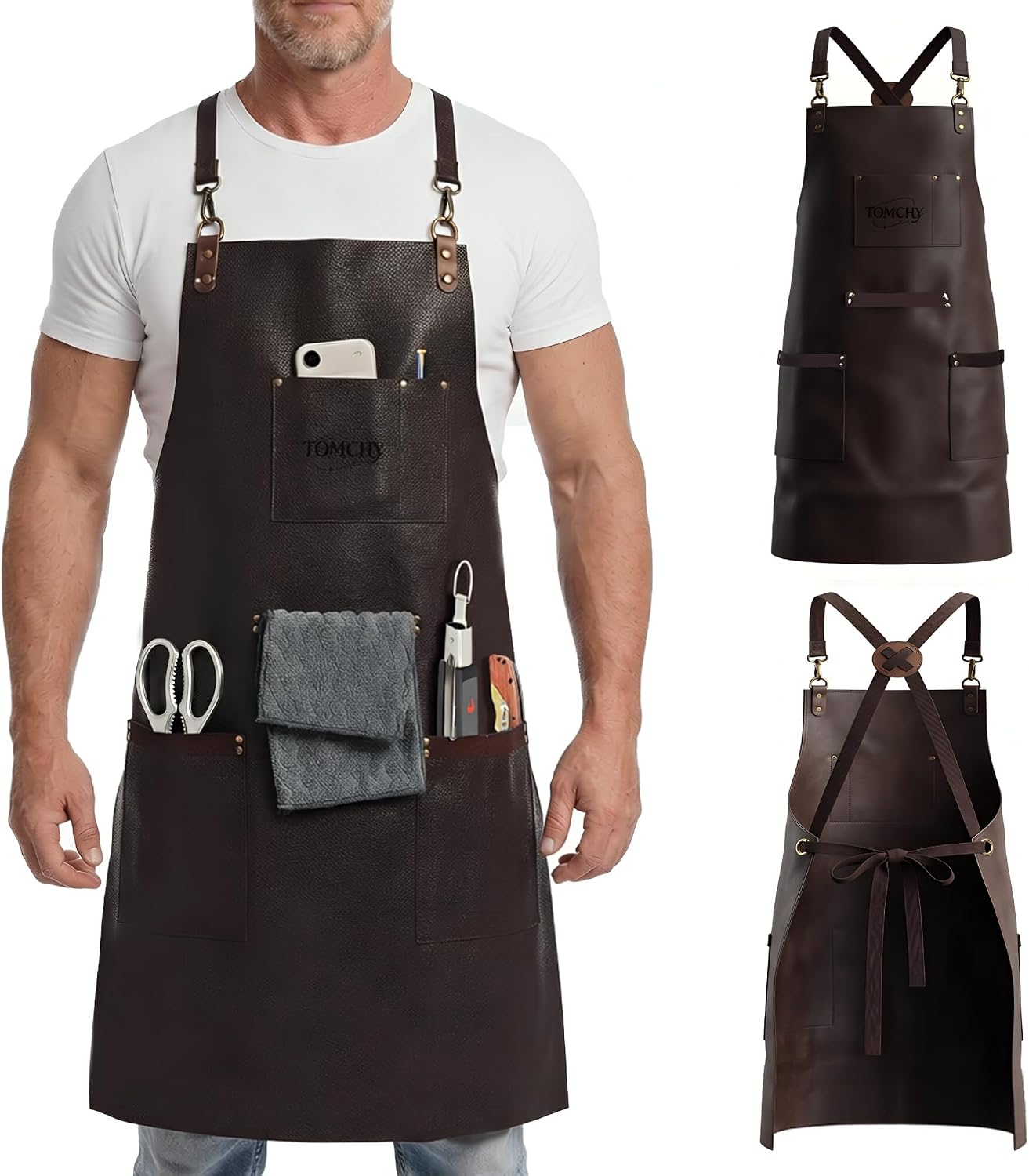 Leather Cooking Apron for Men, Cross-Back Adjustable Work Apron with Waterproof & Oil-Resistant Design, Multi-Pocket Utility Apron for Kitchen, BBQ, Workshop, Gardening & Crafts