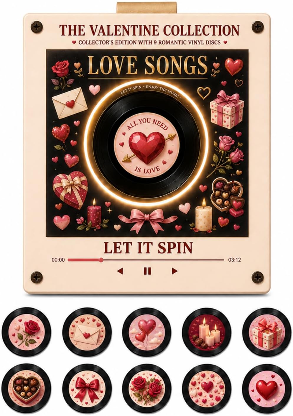Christmas Mini Vinyl Player with 9 Records, NFC Fridge Magnet (D1PC)