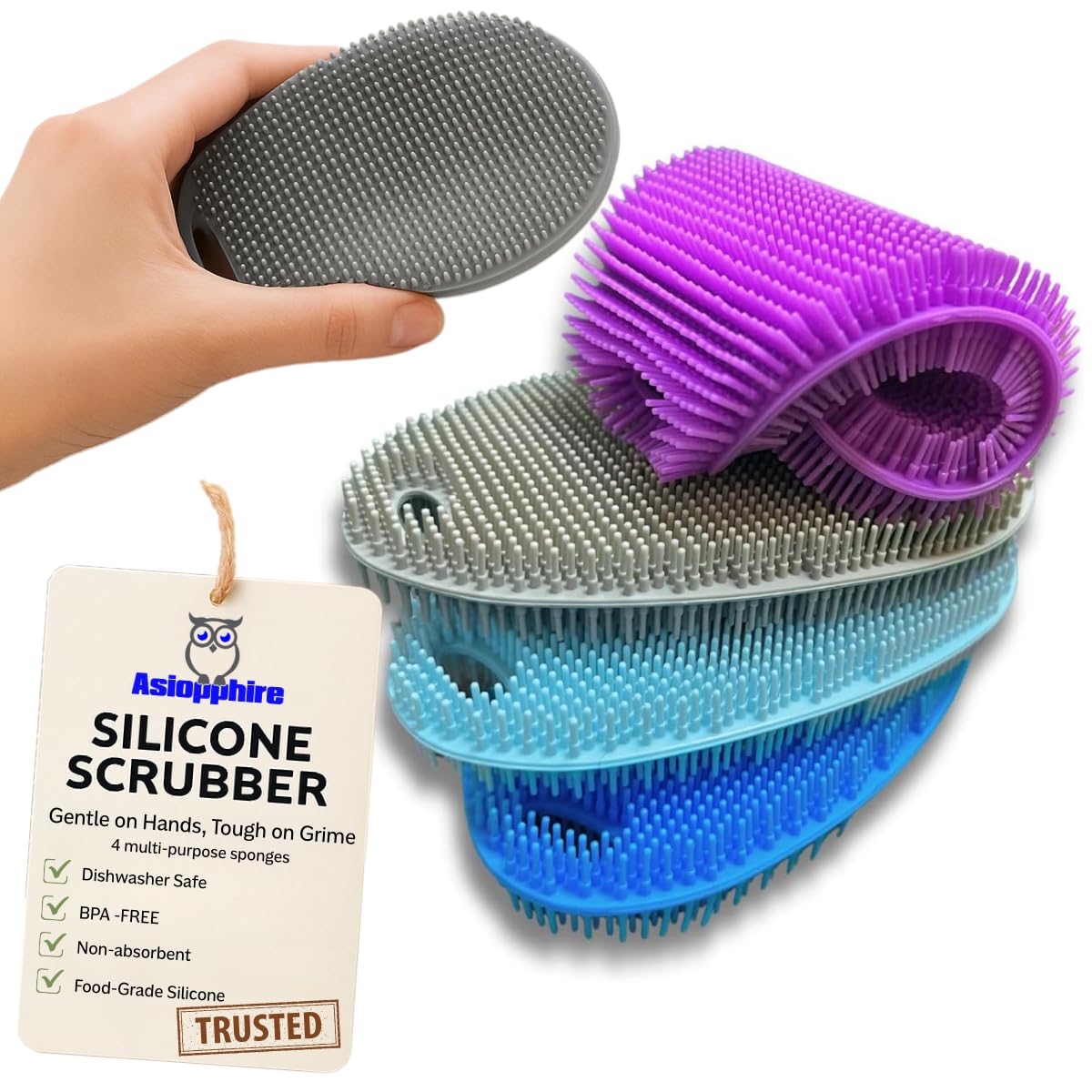 Limpiador de platos de silicona de grado alimenticio, estropajos de cocina sin BPA para platos y limpieza de la casa (paquete de 4 óvalos)