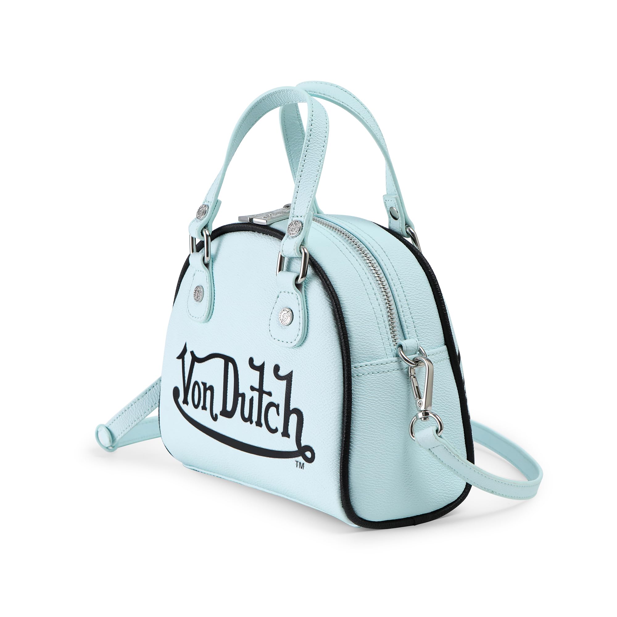 Von Dutch Womens Two Tone Bowling Bag Purse - Stylish Women's Handbag with Adjustable Strap, Spacious Interior, and Iconic Logo Design (Light Blue and Black)