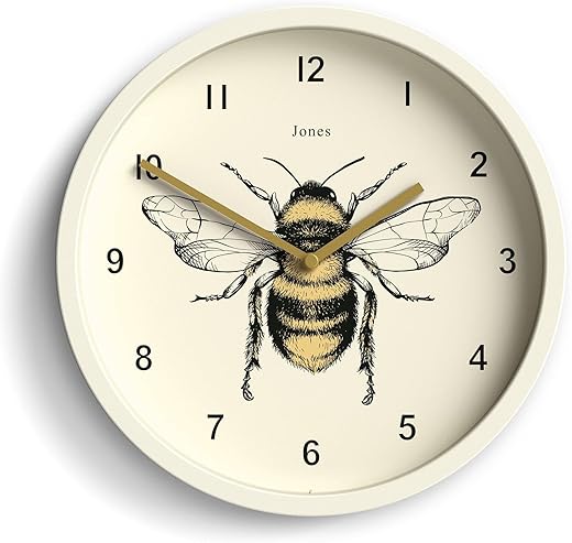 JONES CLOCKS® Bee wall Clock | Small Modern Clock with Honeybee Illustration | 10 inch | Pale Cream | Decorative Design for Kitchen, Living Room, Bedroom or Office