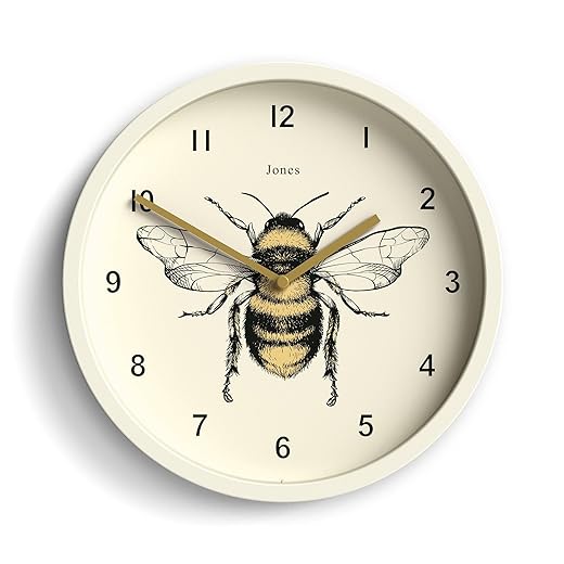 JONES CLOCKS® Bee wall Clock | Small Modern Clock with Honeybee Illustration | 10 inch | Pale Cream