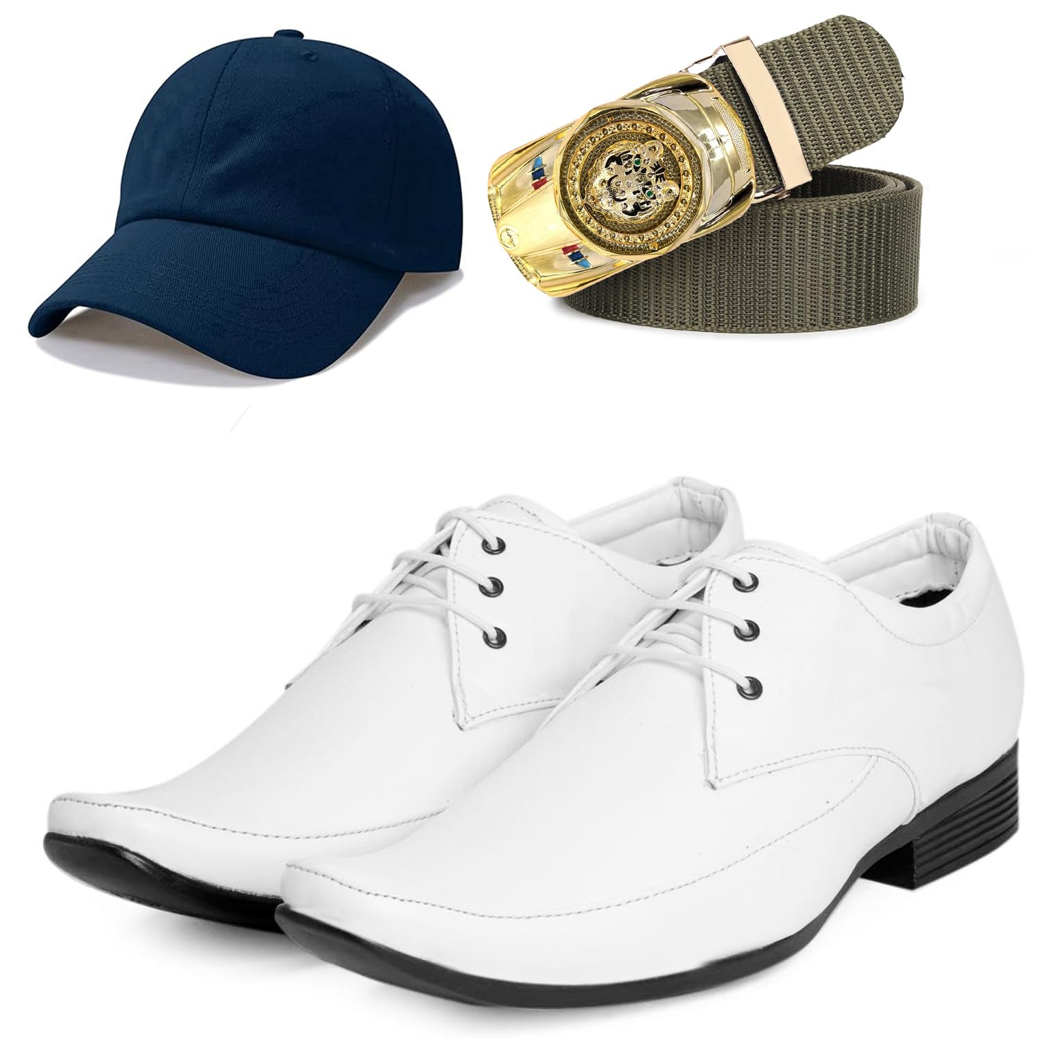 Formal Shoes with Free Base Ball Cap & Free Belt Combo for Men & Boys White-image-46