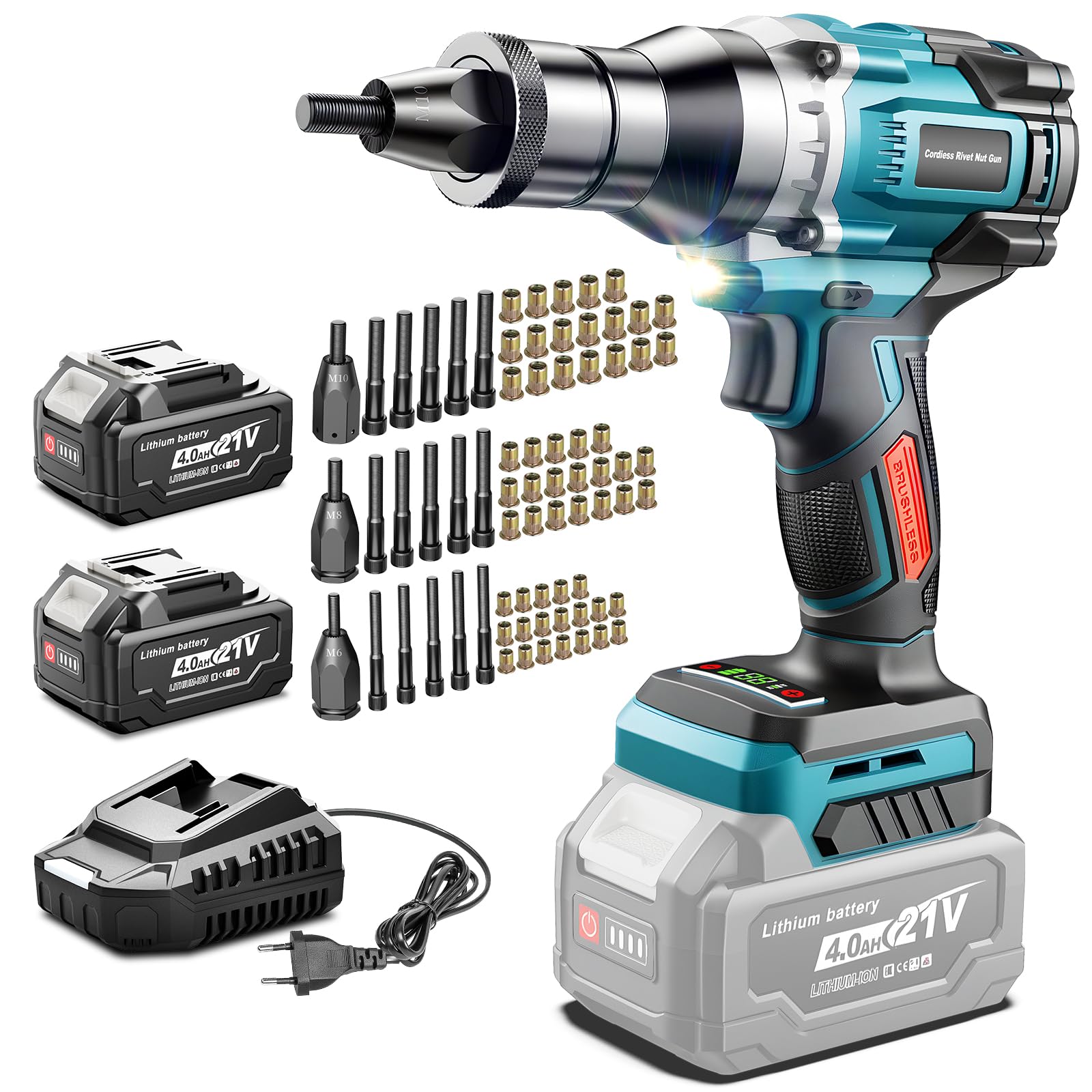 blayram Cordless Rivet Nut Gun Compatible with Makita 18V Battery, Brushless Electric Rivet Nut Tool with 2 * 4.0Ah, 3 Sizes Rivet Nuts(M6, M8, M10), Auto & Manual Rivet for Auto Repair, Metal working