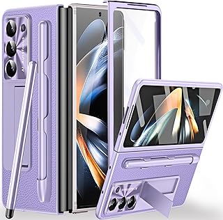 Miimall Compatible for Samsung Galaxy Z Fold 5 Case with S Pen, Stylus Pen with Pen Holder+Tempered Glass Screen Protector+Plating All-Inclusive Leather Case for Galaxy Z Fold 5 2023(Purple)