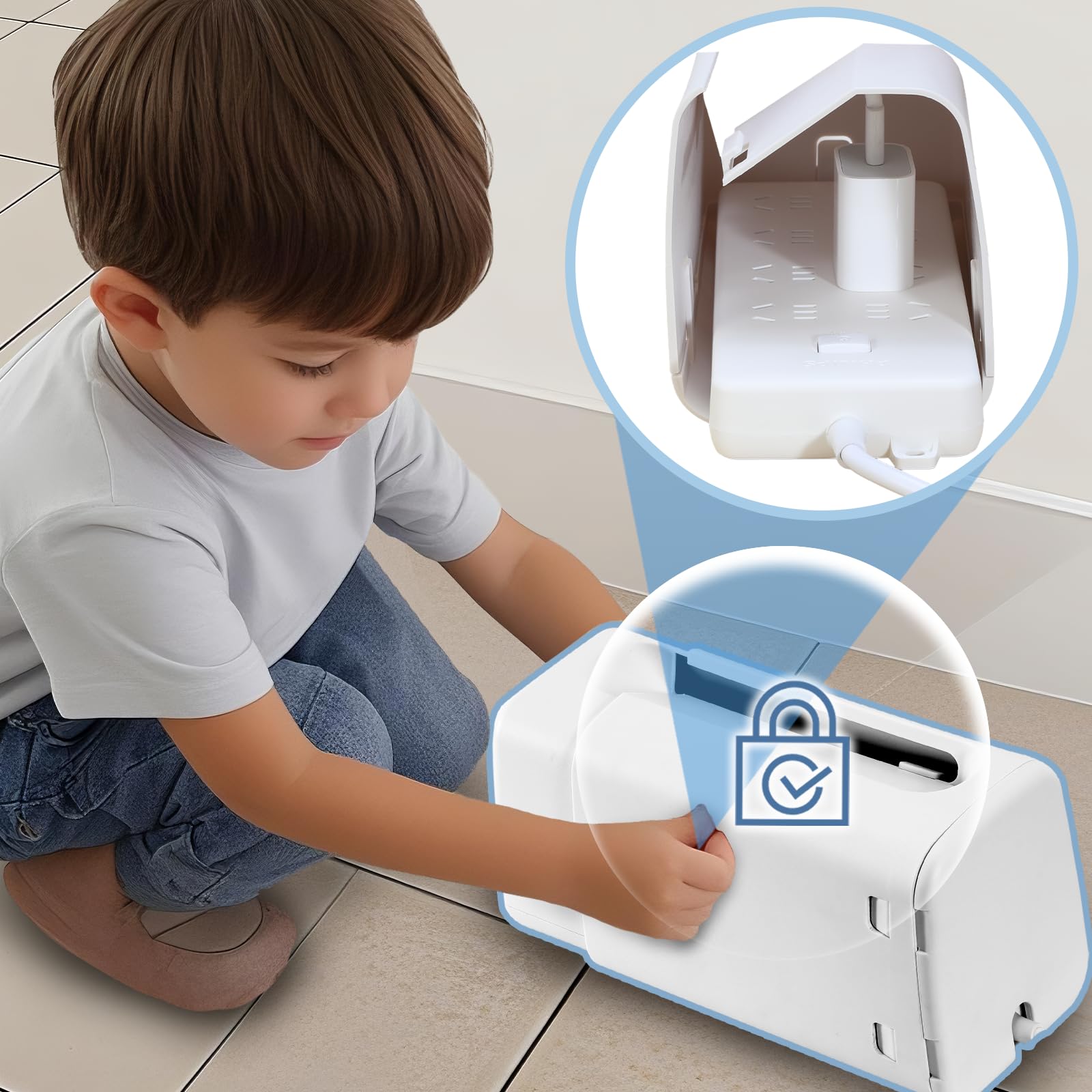 Boîte Rangement Cable Cache Multiprise - Sécurité Enfant Brevetée avec Double Verrou & Ventilation Anti-Doigts. Cache-Câble Universel pour Organiseurs de Fils, Dissimulateur de Prises (Blanc)