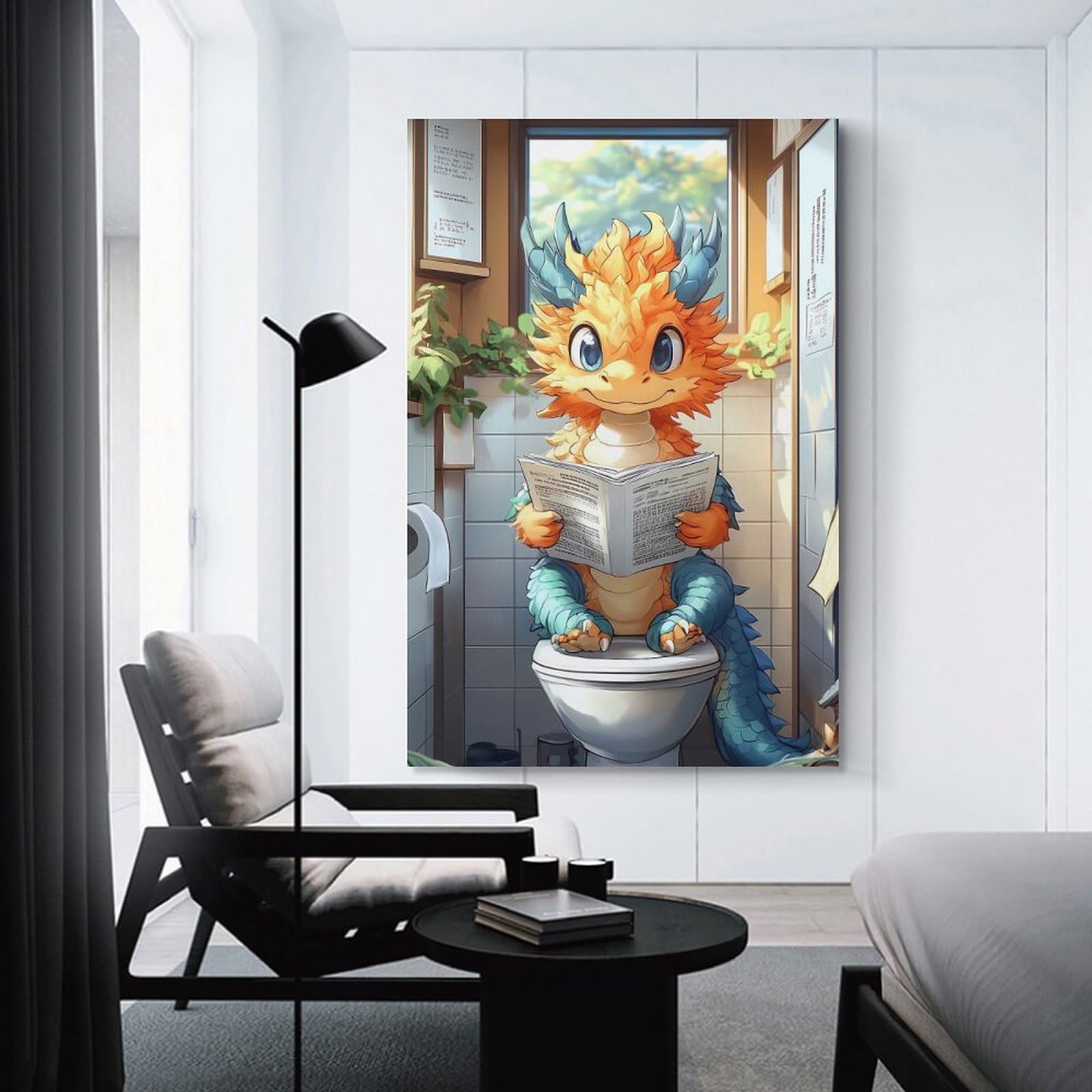 Junmoney Canvas Wall Decor Dragon on The Toilet Funny, 16x24inch(40x60cm), for Living Room, Bedroom, Office Or Hallway, Decorative Artwork with Broad Appeal