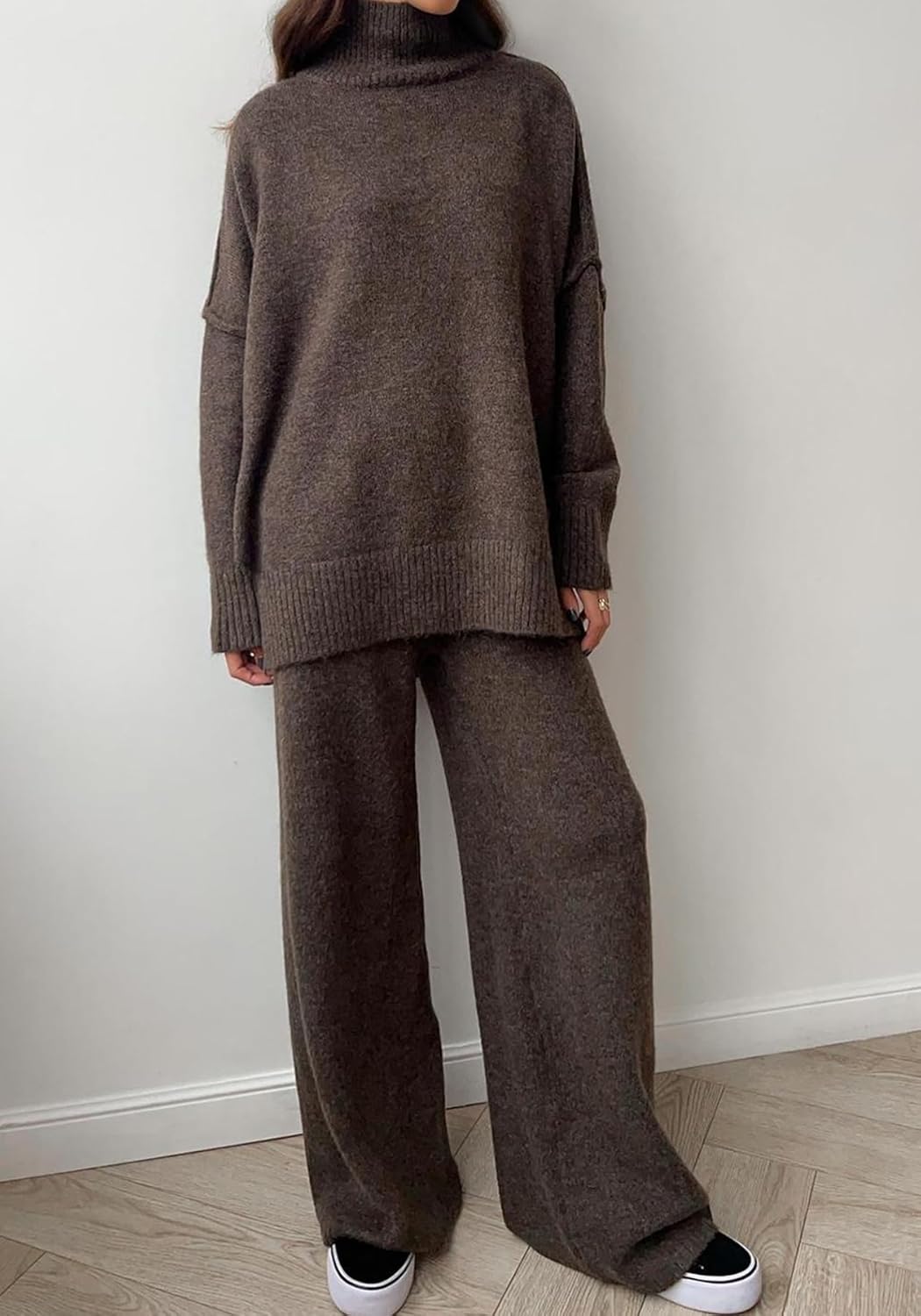 SHINFY Women's 2 Piece Outfit Fall Sweater Lounge Sets Mock Neck Knit Tops Wide Leg Pant Sweatsuits Tracksuit Set - Image 2