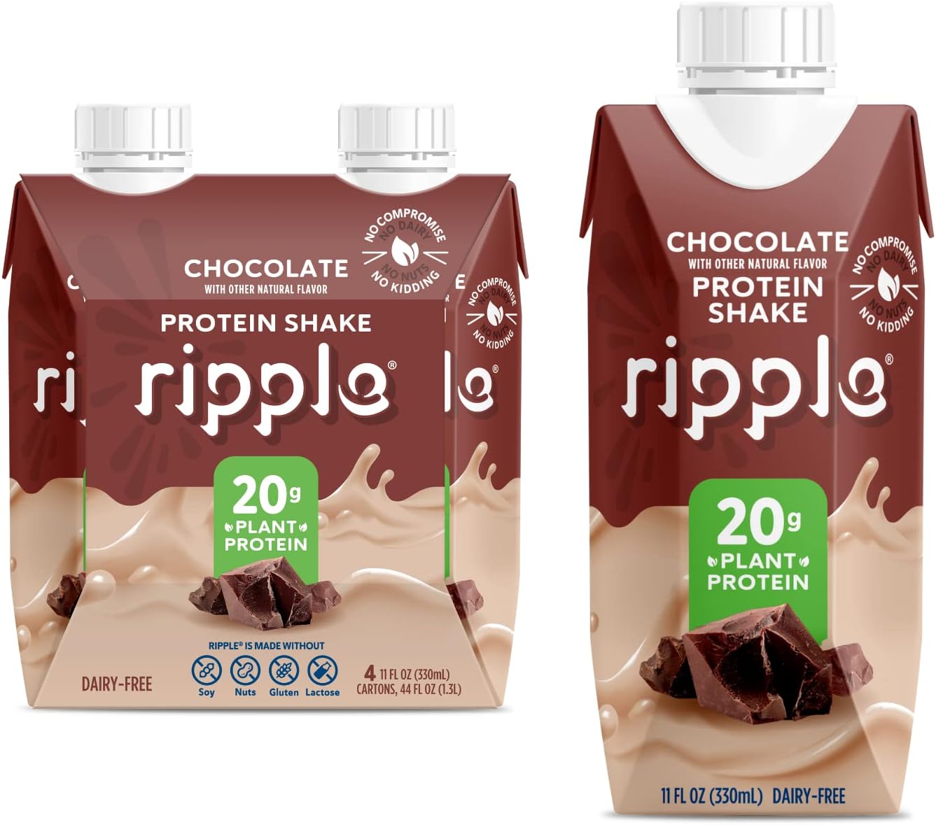 Ripple Vegan Protein Shake, Chocolate | 20g Nutritious Plant Based Pea Protein in Ready to Drink Cartons | Non-GMO, Non-Dairy, Soy Free, Gluten Free, Lactose Free | Shelf Stable | 11 Fl Oz (4 Pack)