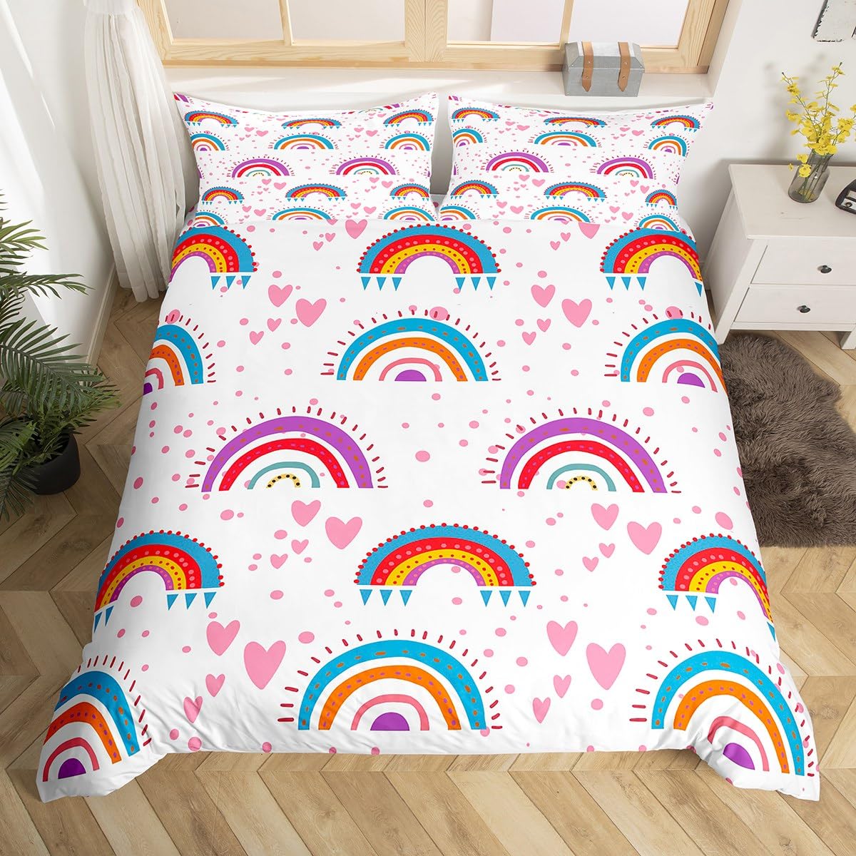 Loussiesd Juego de funda de edredón con diseño de arcoíris de dibujos animados, funda de edredón de arcoíris rosa para niños pequeños, funda de colcha colorida de arco iris, decoración de habitación
