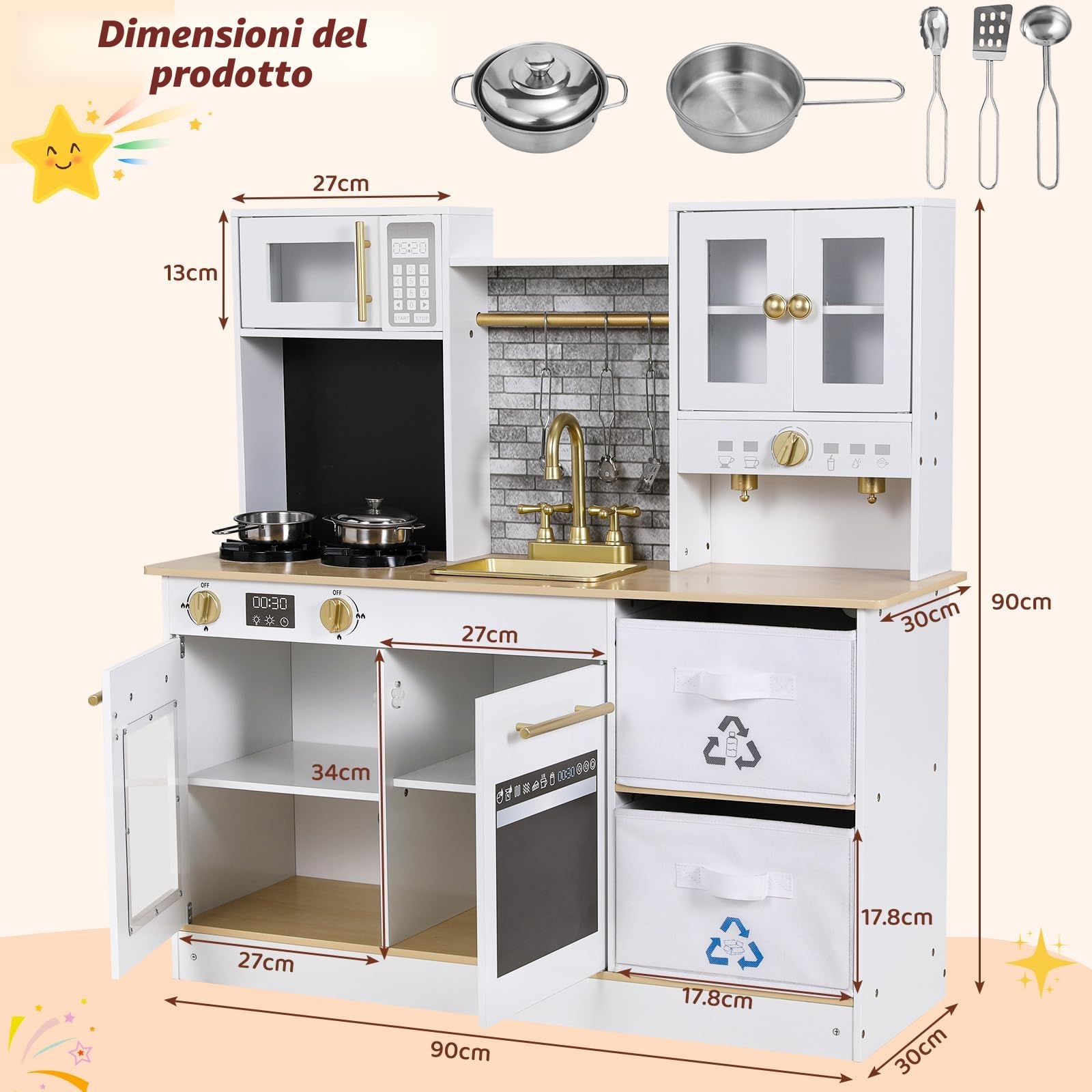 MAMIZO Cucina Giocattolo per Bambini Legno, con Effetti Simulati di Luce e Suono, Cucina Bambini con 2PCS Scatole Portaoggetti, Cucinetta Giocattolo per Bimbi da 3 Anni, 90x30x90 cm, Bianco
