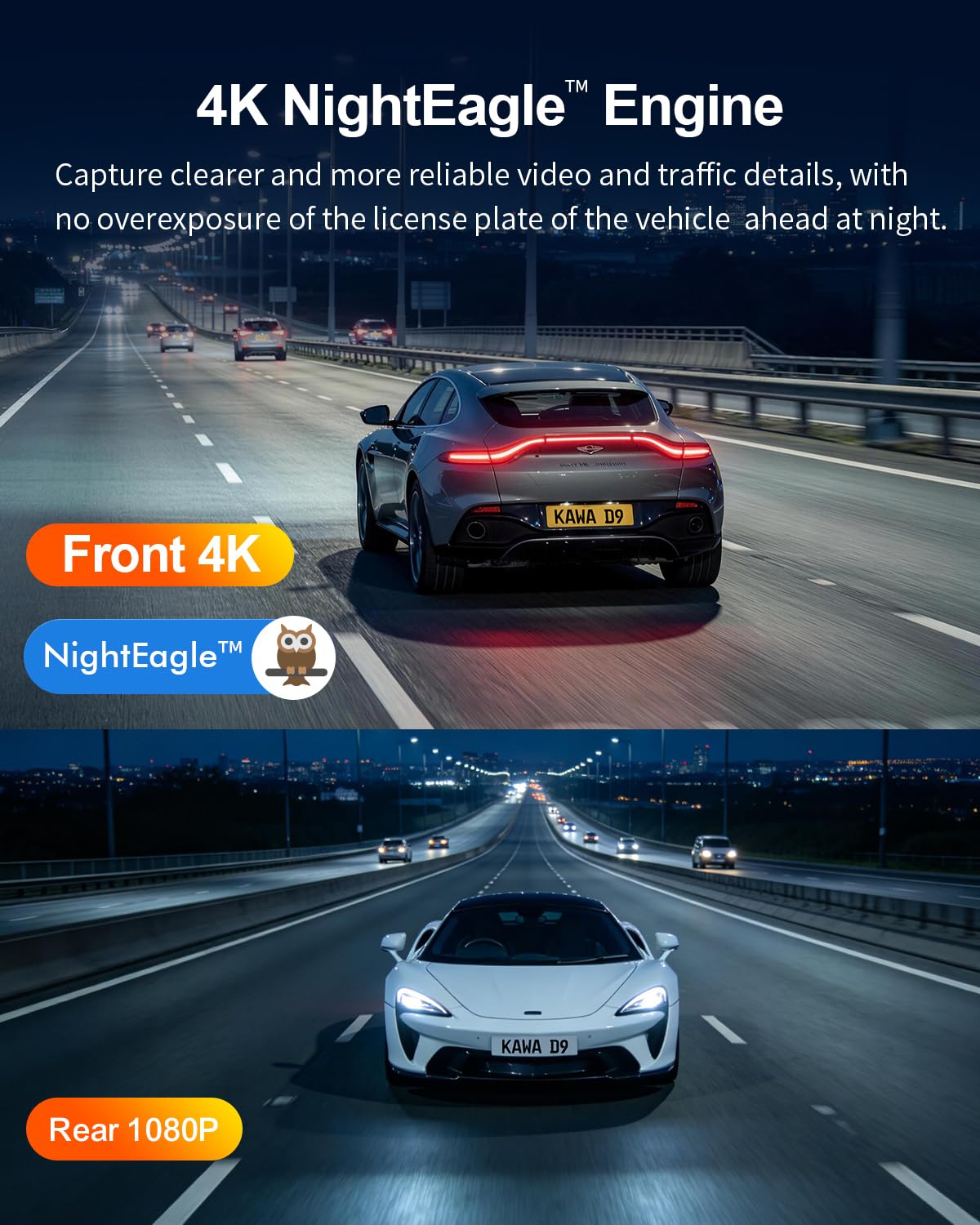 KAWA Nueva Dash CAM Dual 4K Delantera + 1080P Trasera, GPS, WiFi 6, Control por Voz, CPL, 2K HDR, NightEagle Visión Nocturna, Modo de Aparcamiento, Cámara Dual para Coche