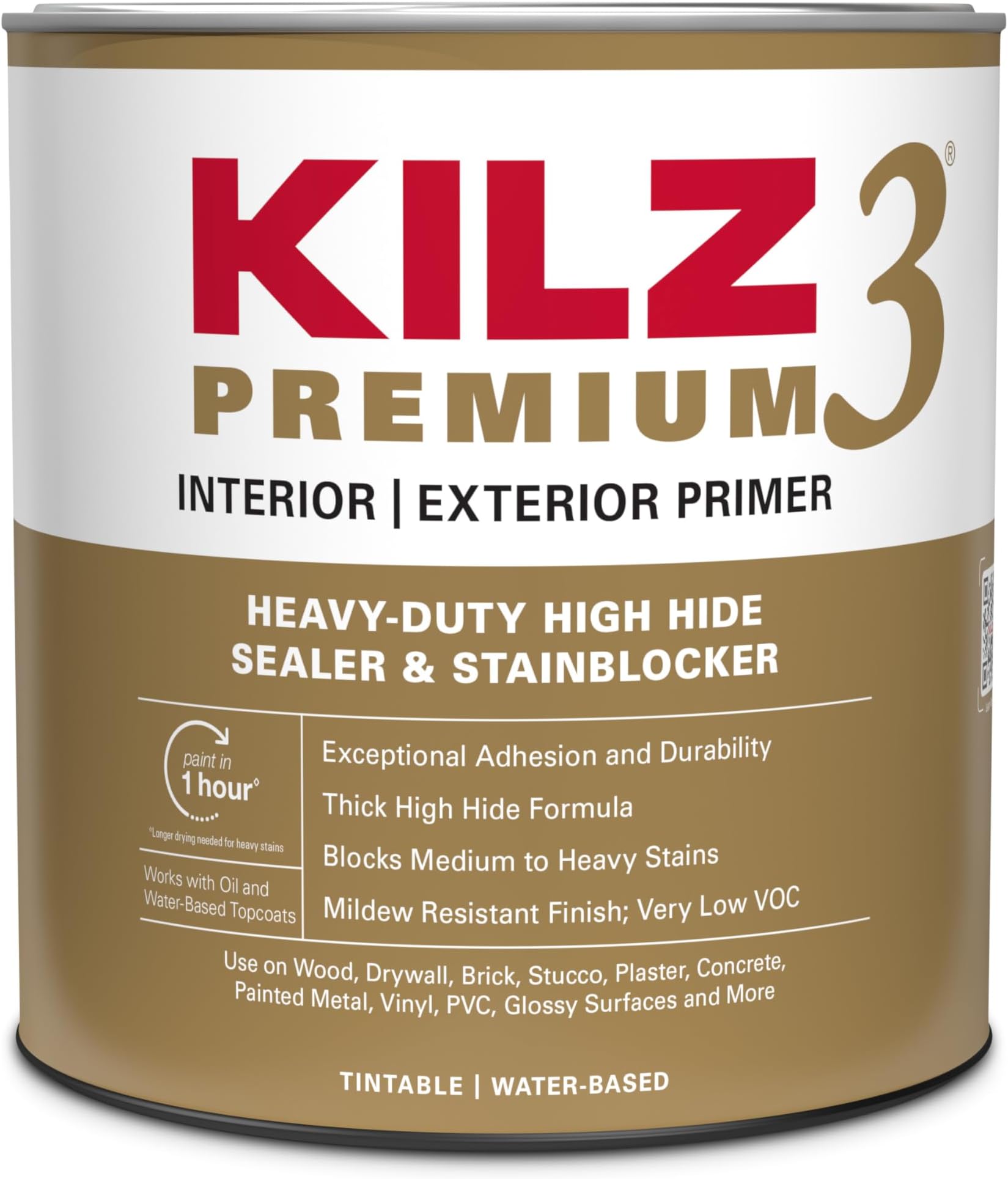 KILZ 3 Premium Primer, Interior/Exterior, 1 Quart