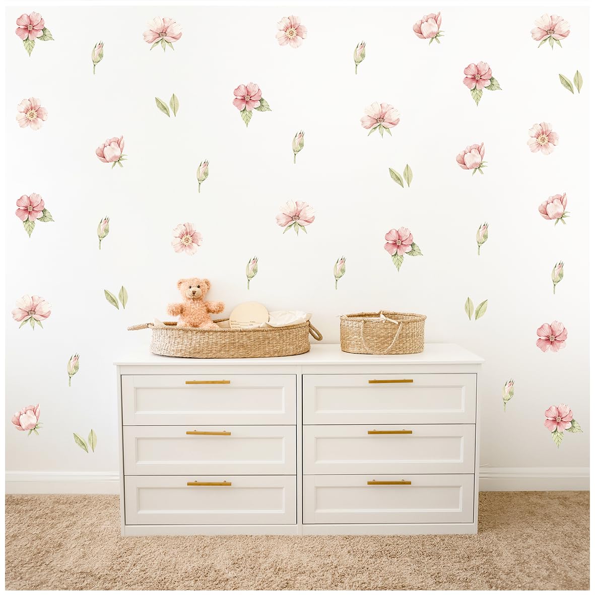 Wally Fox - Wandtattoo Kinderzimmer - Kinderzimmer Deko - Wandtattoo Kinderzimmer Mädchen - Wanddeko - Petunien - Rosa, Hellrosa, Blätter, Doughnut - 50 Stück