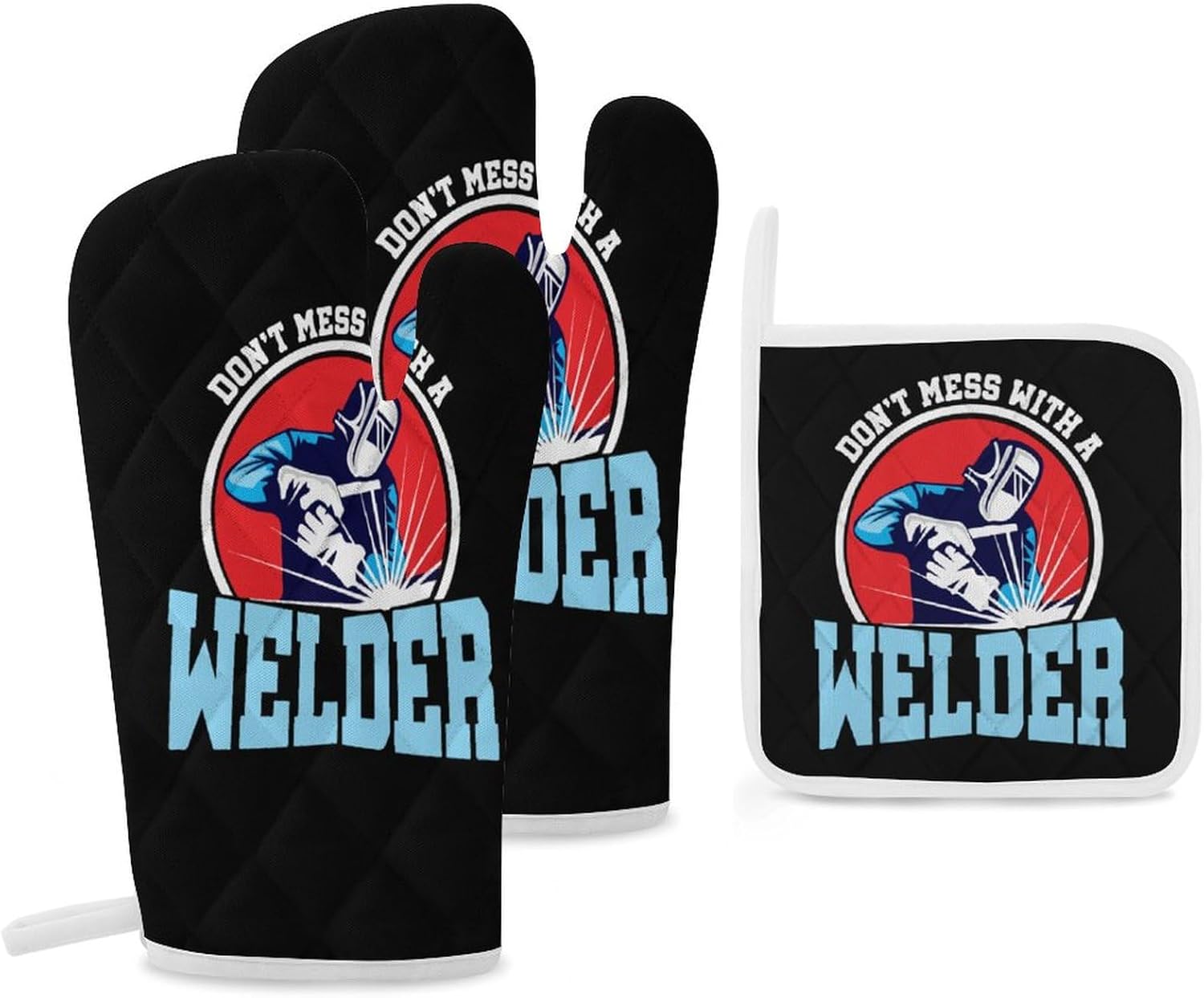 U.S.A. Welder Print Oven Mitts and Pot Holders 3 Piece Sets Heat Resistant Gloves Hot Pads Potholders for Kitchen Baking Cooking