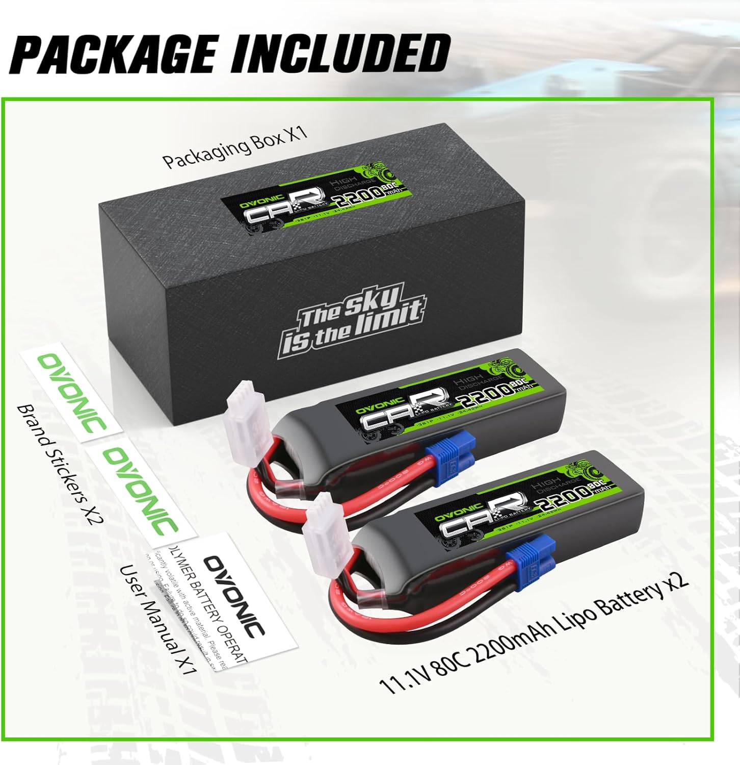 OVONIC 11.1V Lipo Battery 3S 80C 2200mAh Lipo with EC3 Connector for RC Car Trucks 1/8 1/10 RC Vehicles(2 Packs)