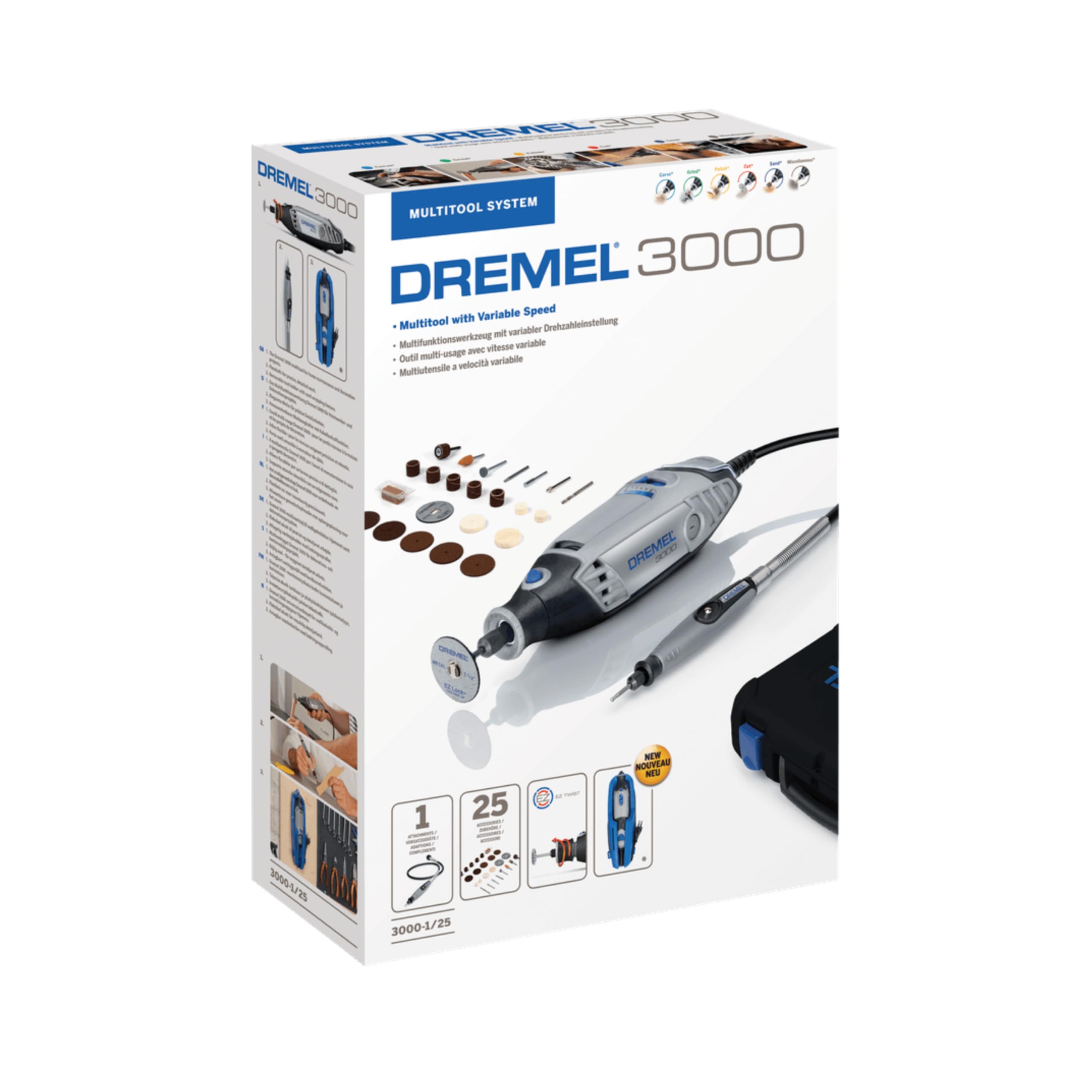 Dremel 3000 Multifunktionswerkzeug 130W, Set mit 1 Aufsatz, 25 Zubehörteilen, Variable Drehzahl 10.000-33.000 U/min zum Schneiden, Schleifen, Gravieren, Polieren, Schärfen, Reinigen, Schnitzen