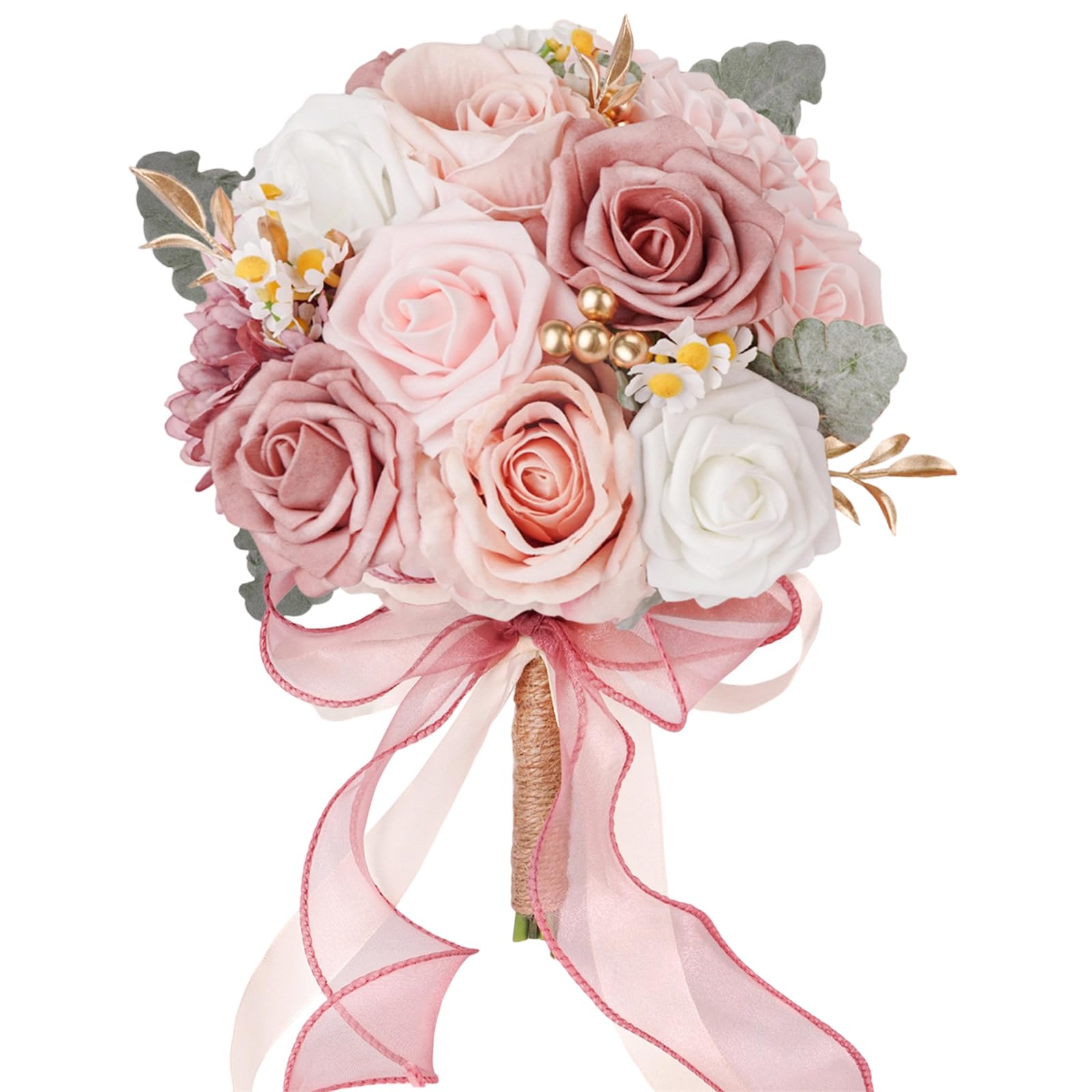 Qianderer Bridal Bouquet, Artificial Realistic Wedding Decoration, Rose Bouquet (Light Pink, 20cmx25cm)
